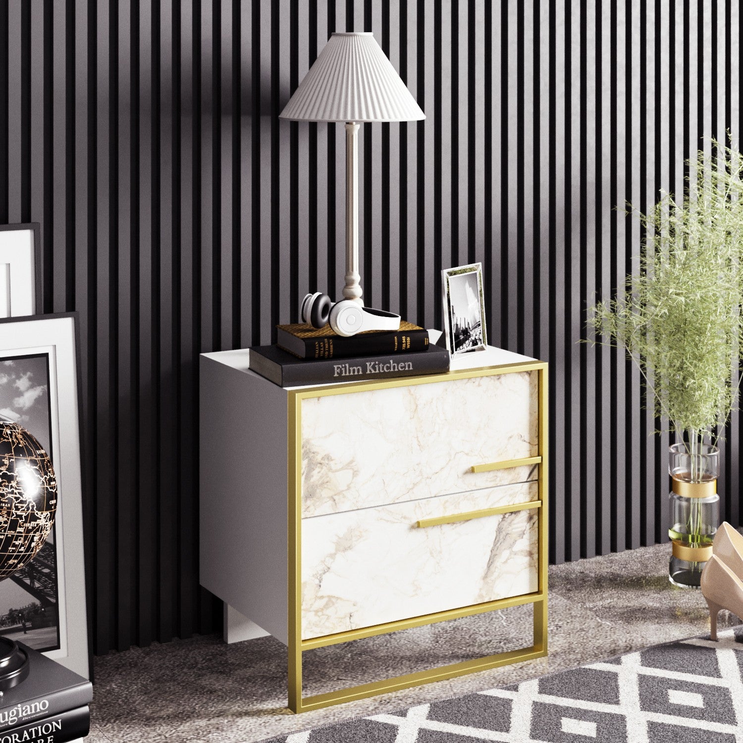 Elegante mesa de cabeceira barroca, dourada e branca, 50 x 51,8 x 38,5 cm | Painel de partículas 100% revestido em melamina, 100% metal | Armazenamento elegante com padrão de mármore