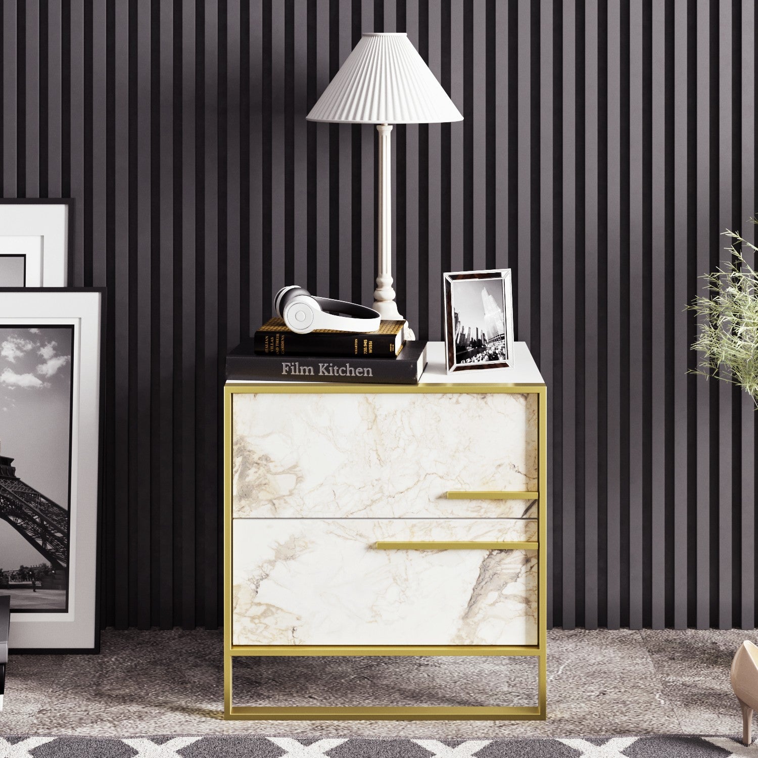 Elegante mesa de cabeceira barroca, dourada e branca, 50 x 51,8 x 38,5 cm | Painel de partículas 100% revestido em melamina, 100% metal | Armazenamento elegante com padrão de mármore