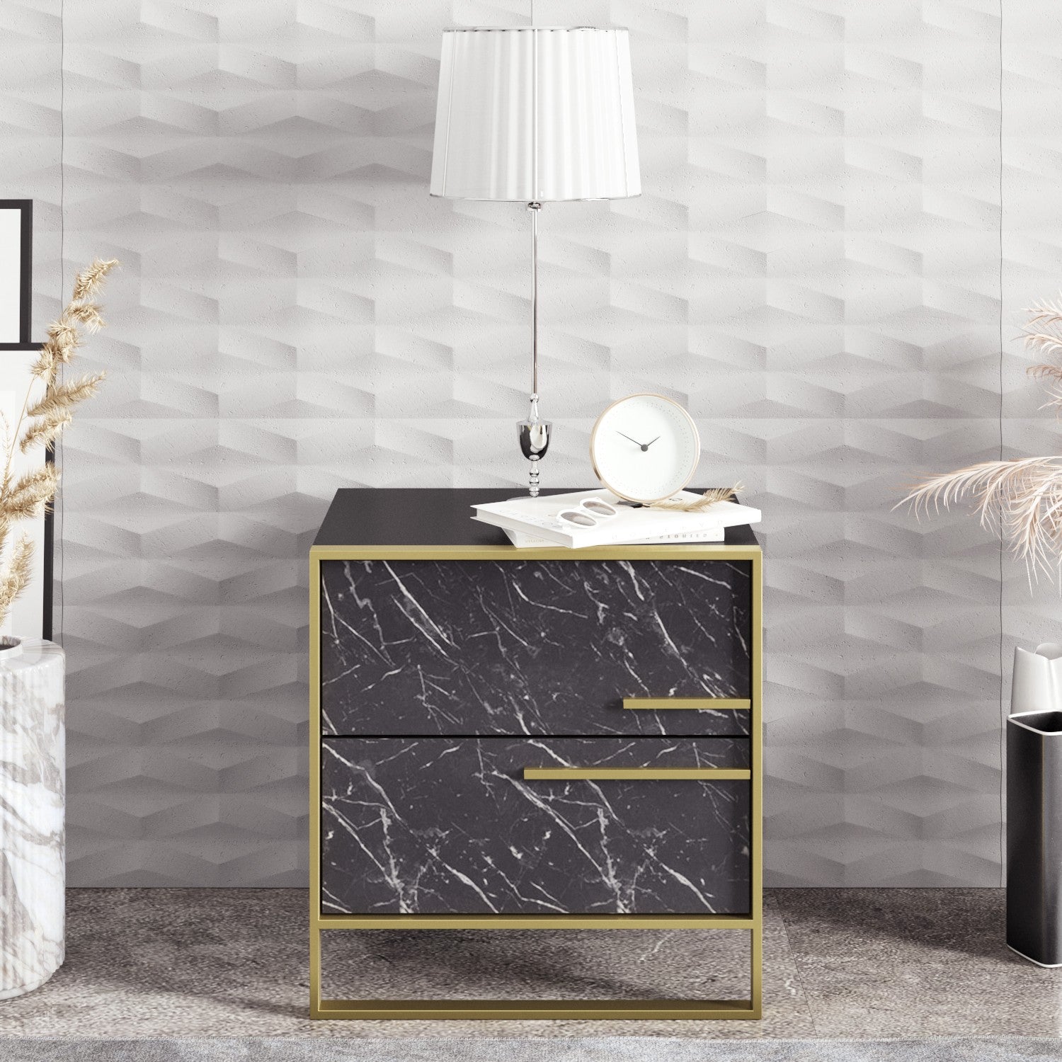 Elegante mesa de cabeceira barroca, dourada e preta, 50 x 51,8 x 38,5 cm | Painel de partículas 100% revestido em melamina, 100% metal | Armazenamento elegante com padrão de mármore