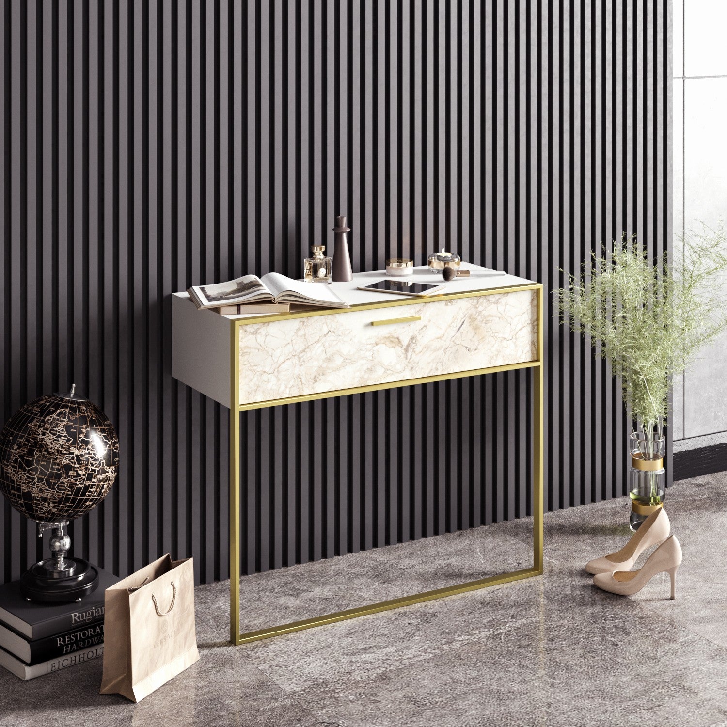 Aparador – 90 x 76,8 x 38,5 cm – Dourado e Branco – Melamina