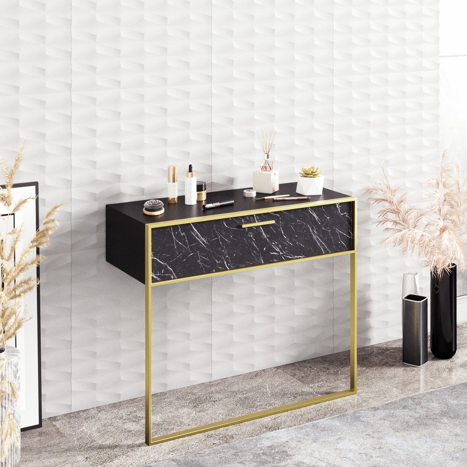 Aparador Barroco Elegante, Dourado e Preto, 90 cm | Revestimento 100% Melamina, 18 mm de Espessura, Pés de Metal, Montável na Parede, Solução de Armazenamento Elegante para Espaços Glamourosos