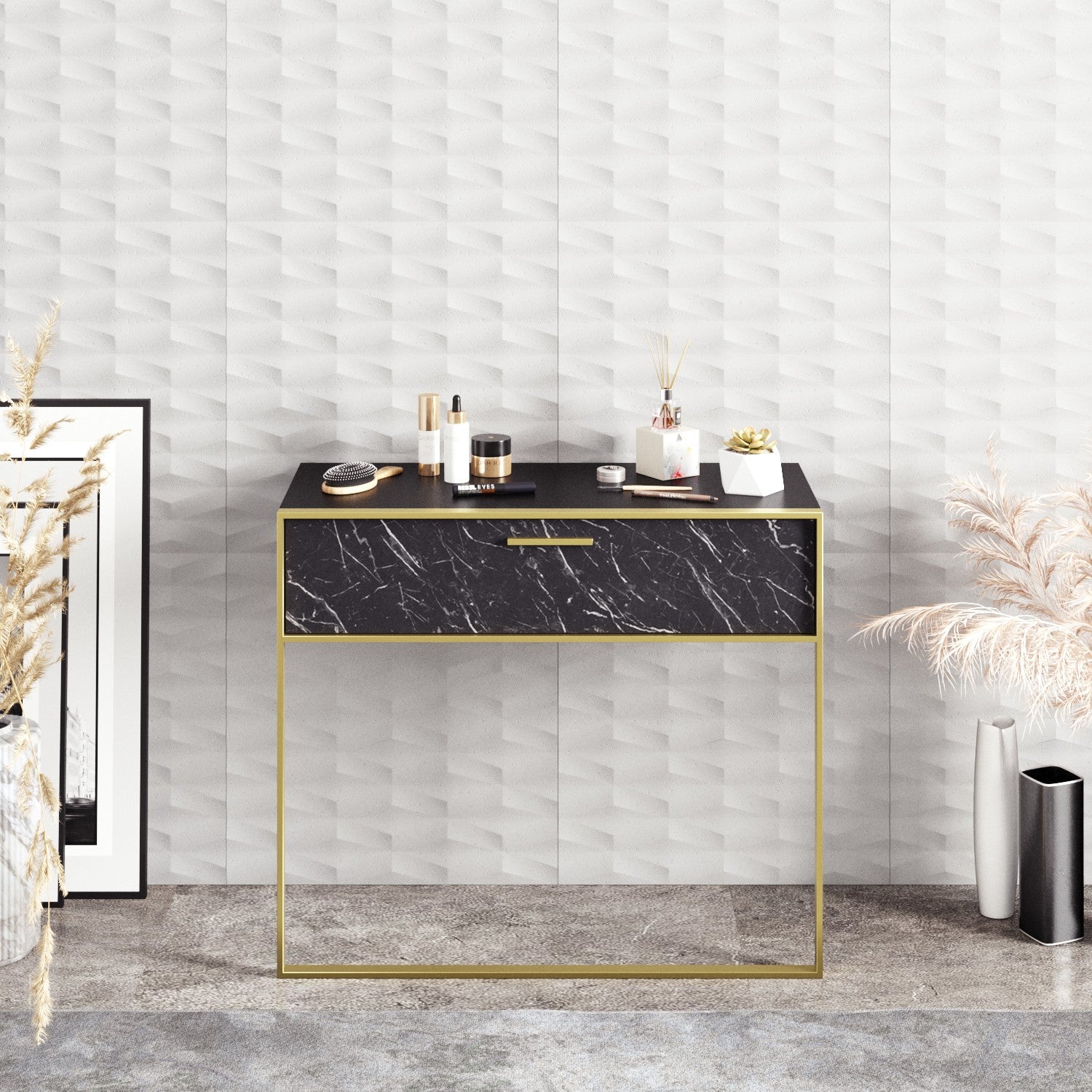 Aparador Barroco Elegante, Dourado e Preto, 90 cm | Revestimento 100% Melamina, 18 mm de Espessura, Pés de Metal, Montável na Parede, Solução de Armazenamento Elegante para Espaços Glamourosos