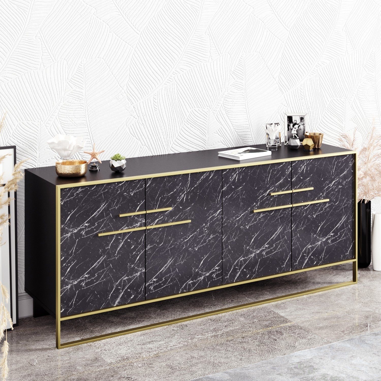 Aparador Moderno com Acabamento Dourado e Preto, 179,9 cm | Painel de Partículas 100% Revestido com Melamina, 100% Metal | Montável na Parede, Design Elegante em Mármore, 18 mm de Espessura
