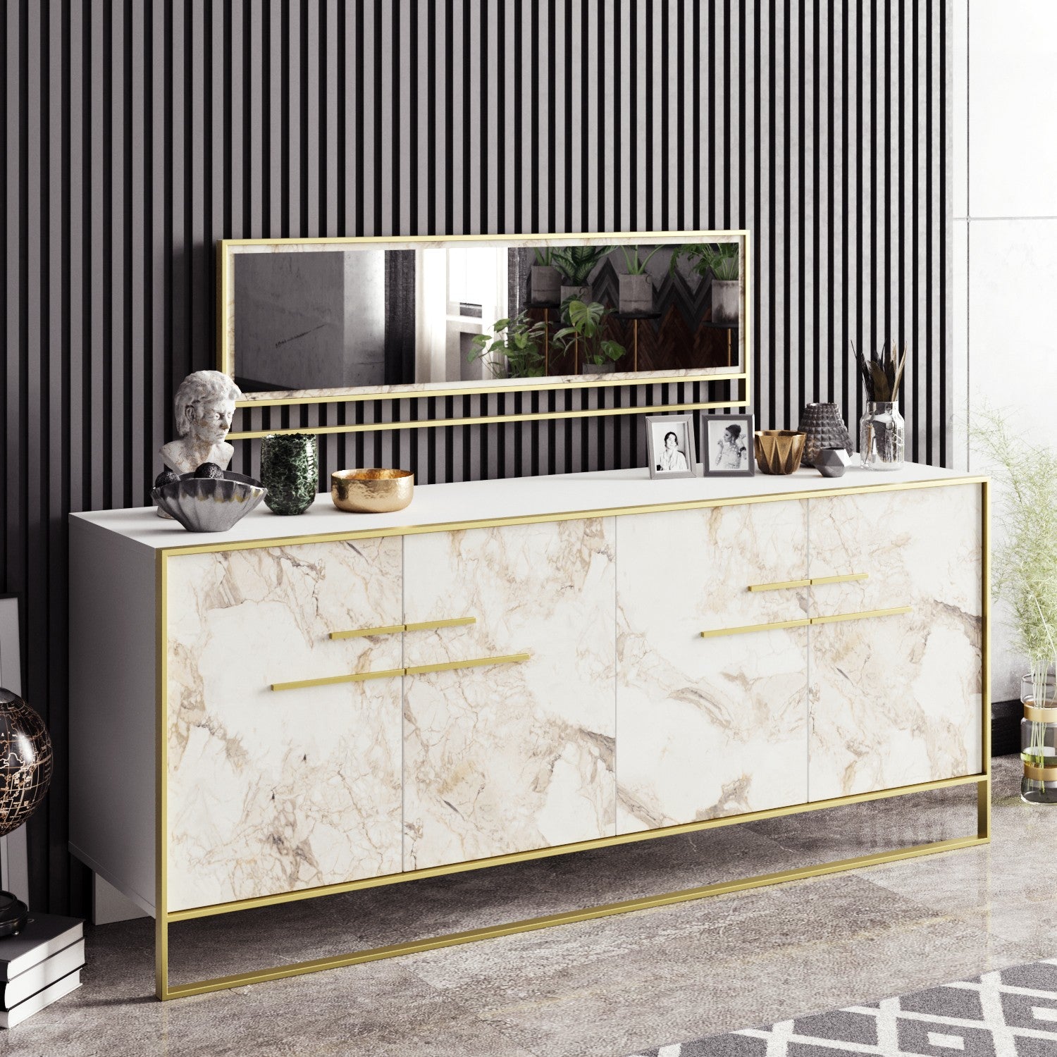 Aparador Moderno com Espelho, Dourado e Branco, 179,9 x 75 x 47,3 cm | Revestimento 100% melamina, 18 mm de espessura, para montagem na parede, Design Glamouroso em Mármore