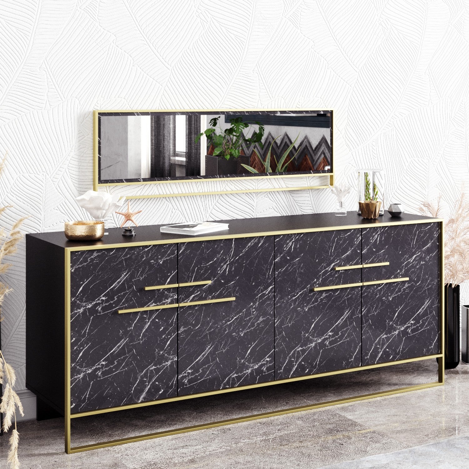 Aparador Moderno com Espelho, Dourado e Preto, 179,9 x 75 x 47,3 cm | 100% Melamina, 18 mm de Espessura, Montável na Parede, Design Glamouroso em Mármore