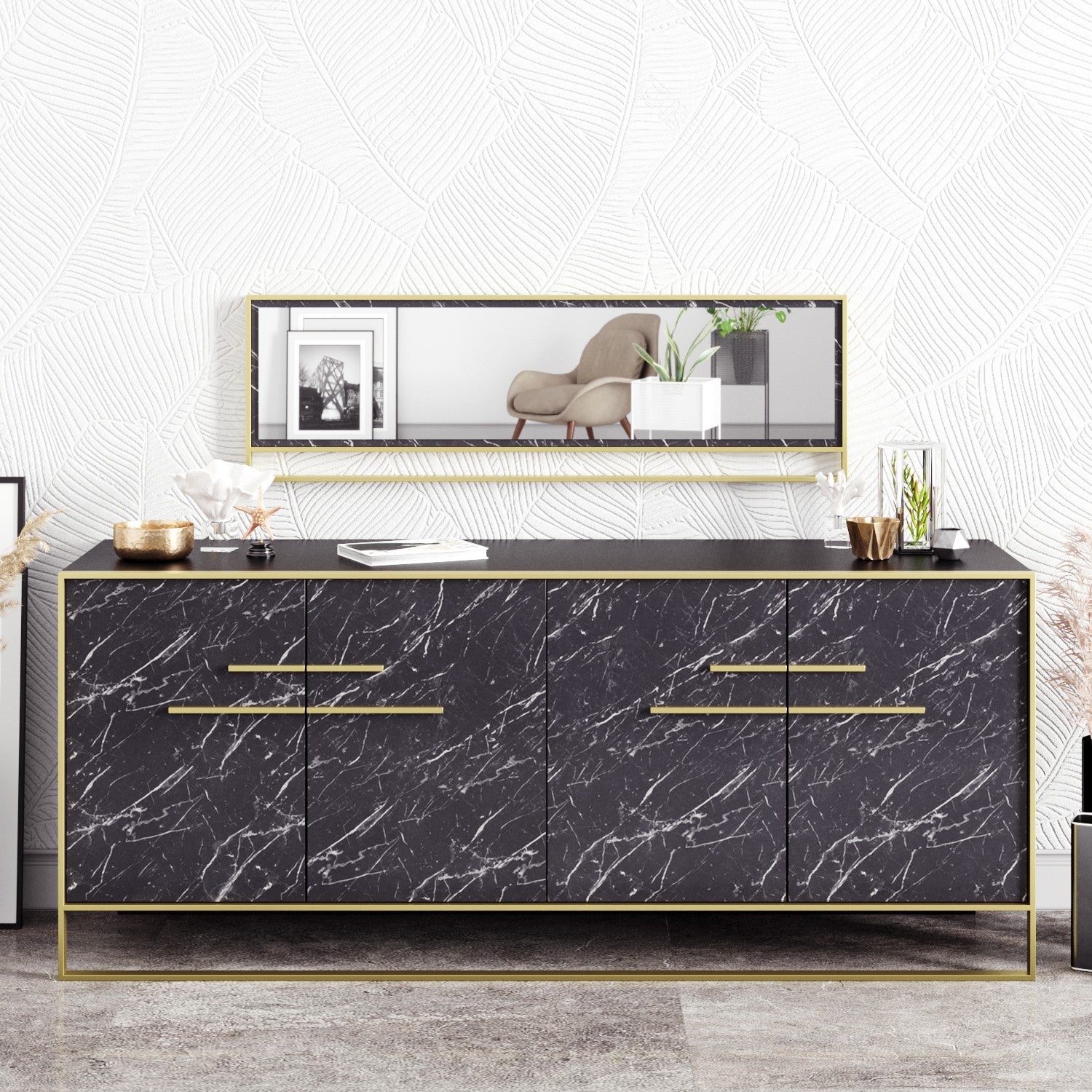 Aparador Moderno com Espelho, Dourado e Preto, 179,9 x 75 x 47,3 cm | 100% Melamina, 18 mm de Espessura, Montável na Parede, Design Glamouroso em Mármore