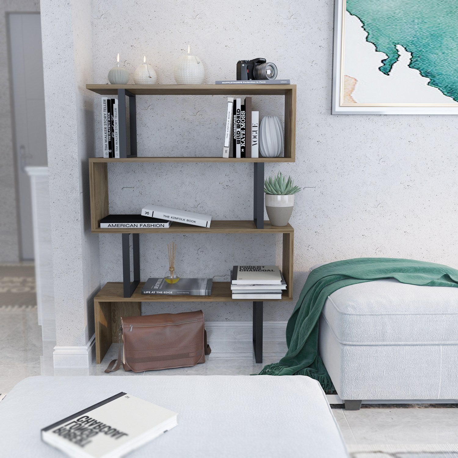 Estante Industrial Moderna – 91,5 x 124,5 x 29,5 cm – Carvalho e Preto – Painel de partículas revestido a melamina