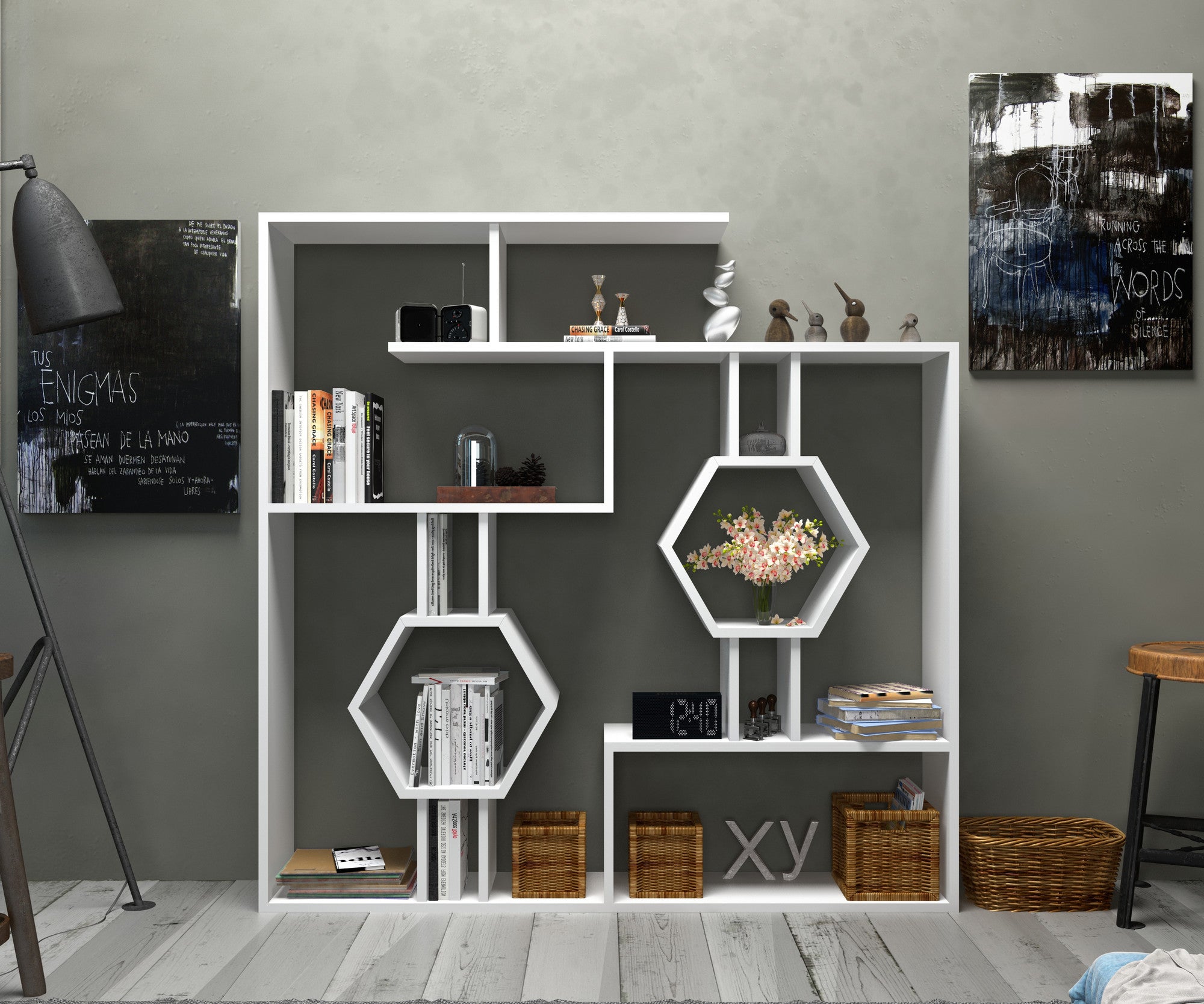 Estante branca moderna, 134 x 134 x 22 cm | Painel de partículas 100% revestido em melamina, 18 mm de espessura | Solução de armazenamento elegante e montável na parede para casa e escritório