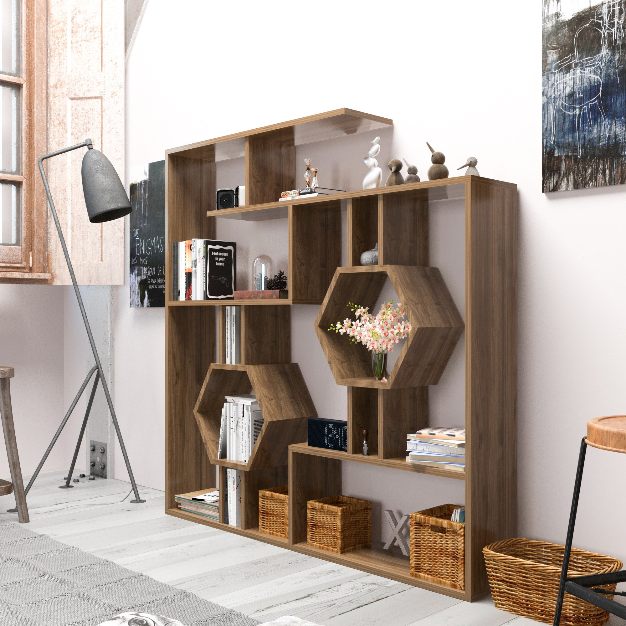 Estante moderna em nogueira, 134 x 134 x 22 cm | Painel de partículas 100% revestido em melamina, 18 mm de espessura | Solução de armazenamento elegante e montável na parede para casa e escritório