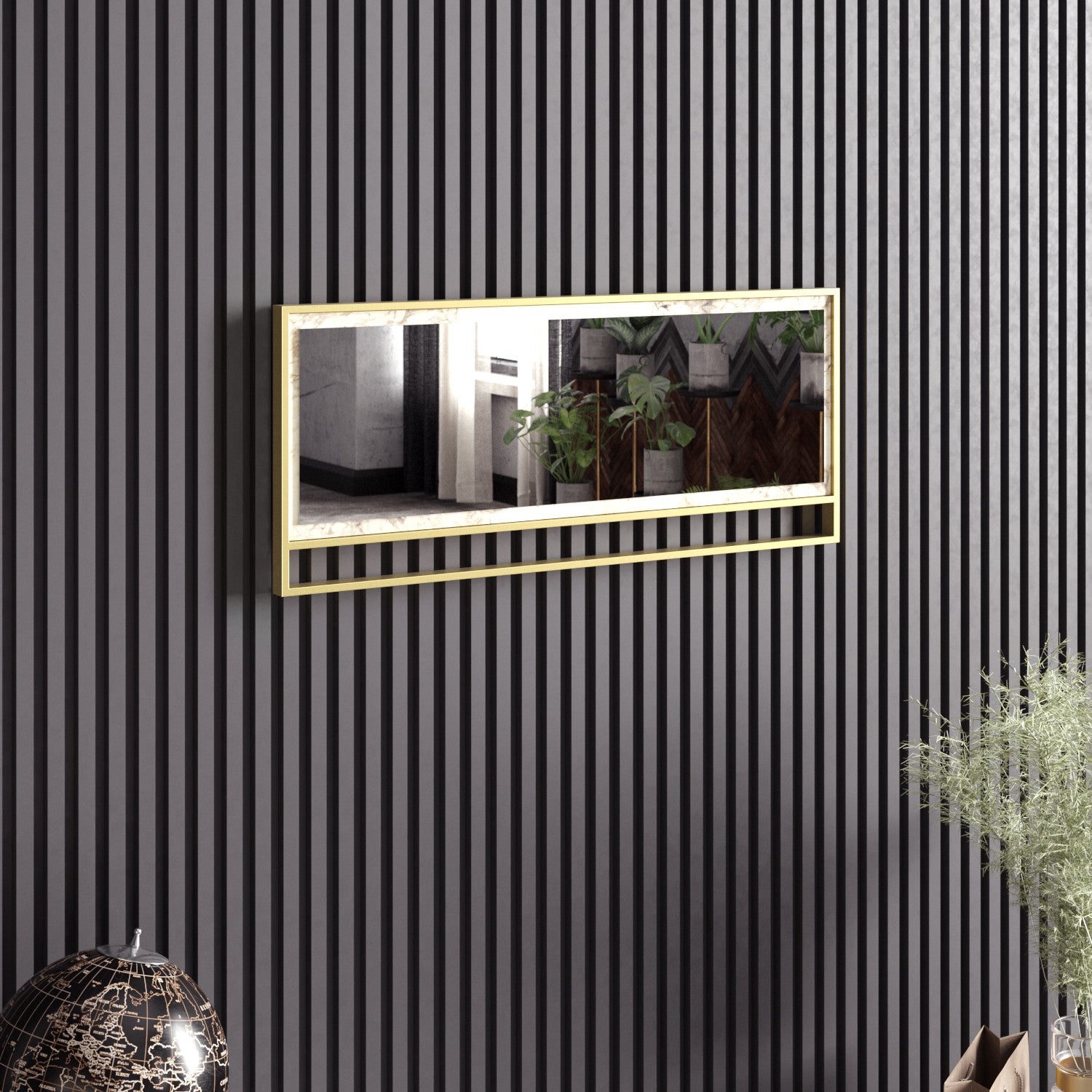 Espelho decorativo elegante de madeira, dourado e branco, 90 x 37,8 cm | Painel de partículas 100% revestido de melamina e estrutura de metal | Design moderno e glamouroso, para montagem na parede