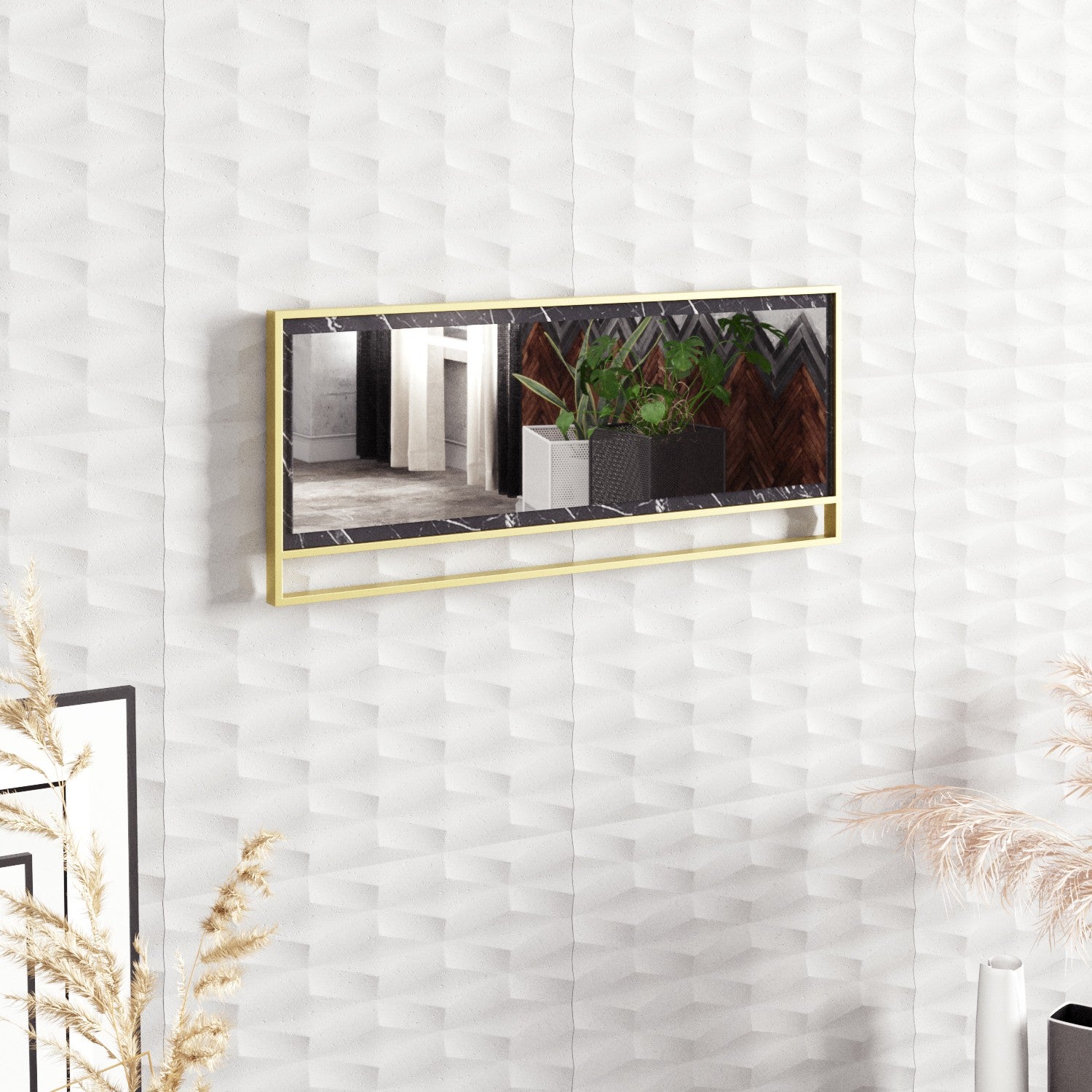 Espelho decorativo moderno de aglomerado, dourado e preto, 90 x 37,8 x 3 cm | 100% revestido em melamina, estrutura de metal | Montável na parede, design glamoroso