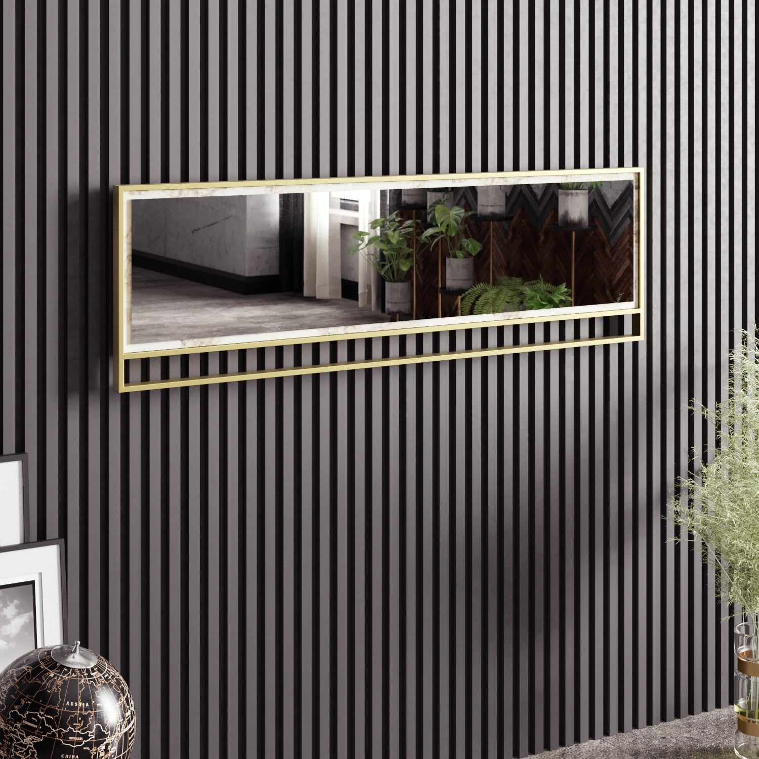 Espelho decorativo elegante de madeira, dourado e branco, 121,8 x 37,8 cm | Painel de partículas 100% revestido de melamina e estrutura de metal | Design moderno e glamouroso, para montagem na parede