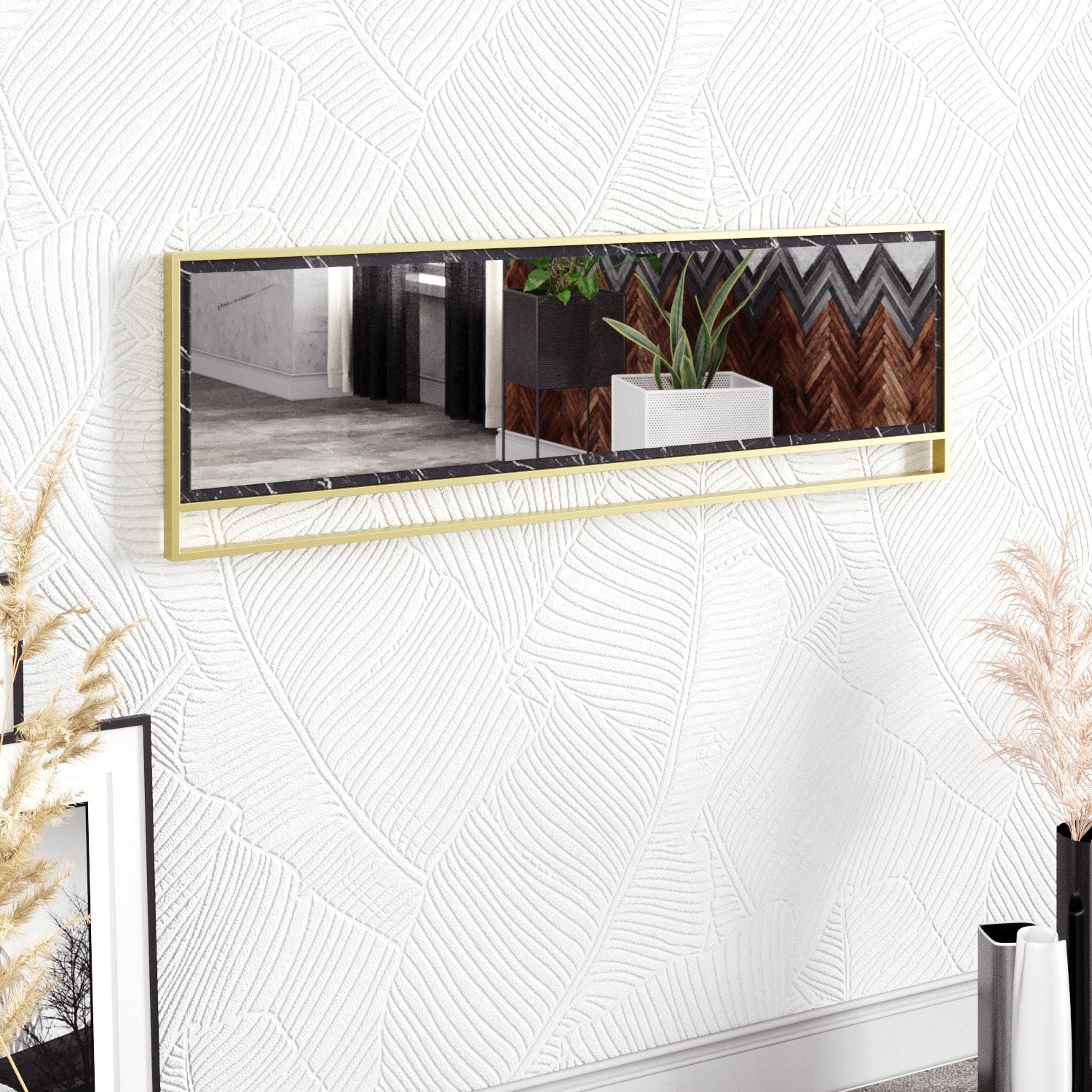 Espelho decorativo moderno de aglomerado, dourado e preto, 121,8 x 37,8 x 3 cm | 100% revestido em melamina, estrutura de metal | Montável na parede, design glamoroso