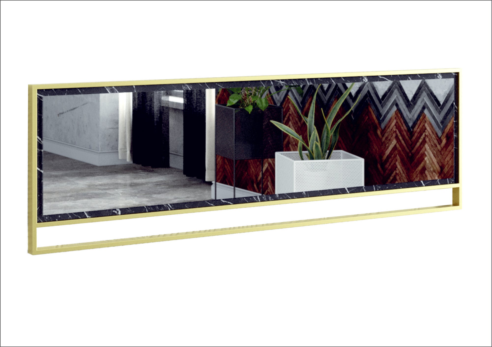 Espelho decorativo moderno de aglomerado, dourado e preto, 121,8 x 37,8 x 3 cm | 100% revestido em melamina, estrutura de metal | Montável na parede, design glamoroso