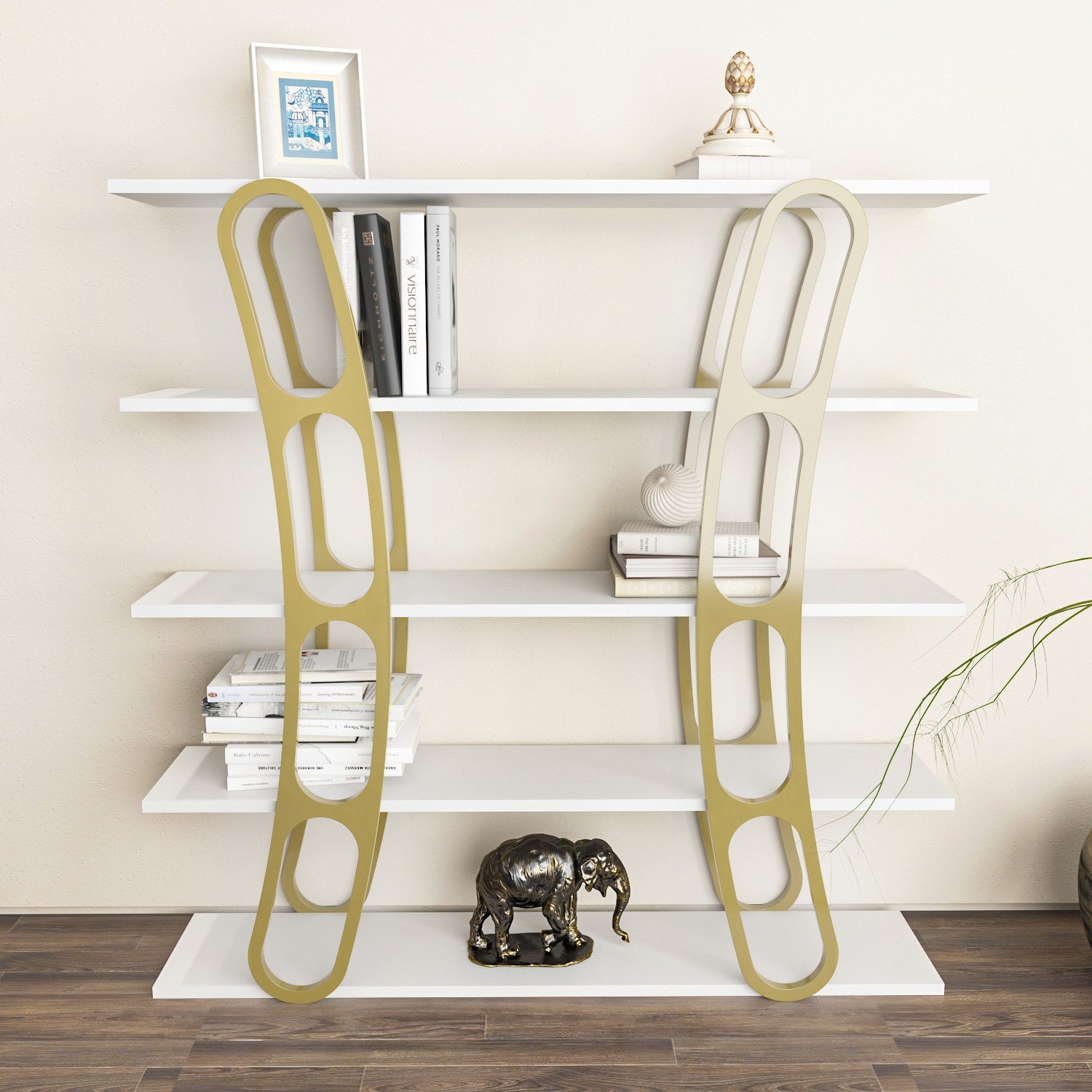 Estante elegante em branco e dourado, 120 x 120 x 25 cm | Painel de partículas 100% revestido em melamina, 18 mm de espessura | Armazenamento elegante para casa e escritório modernos