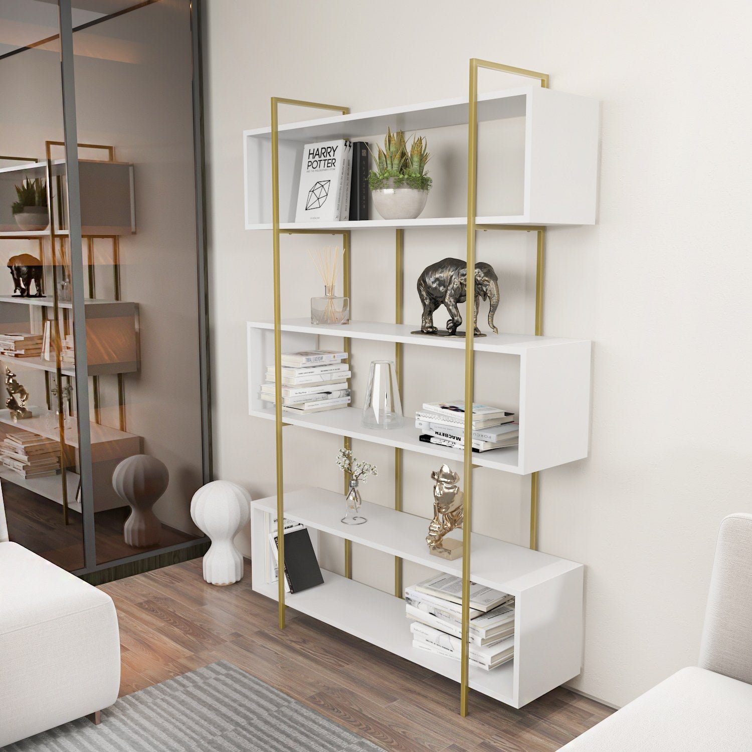 Estante elegante – 120 x 180 x 29,6 cm – Branco e dourado – Painel de partículas revestido a melamina