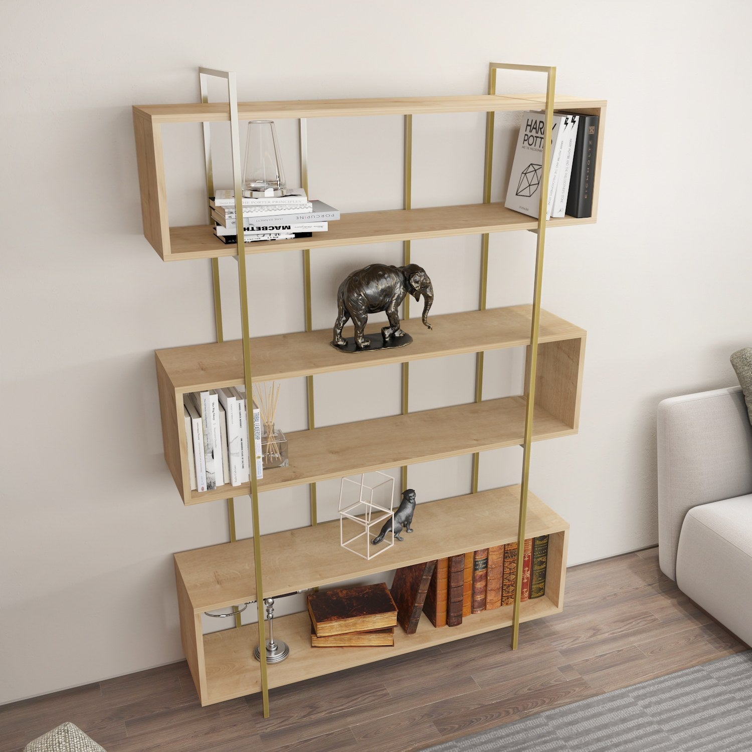 Estante elegante em painel de partículas revestido em melamina – 120 x 180 x 29,6 cm – Carvalho e dourado