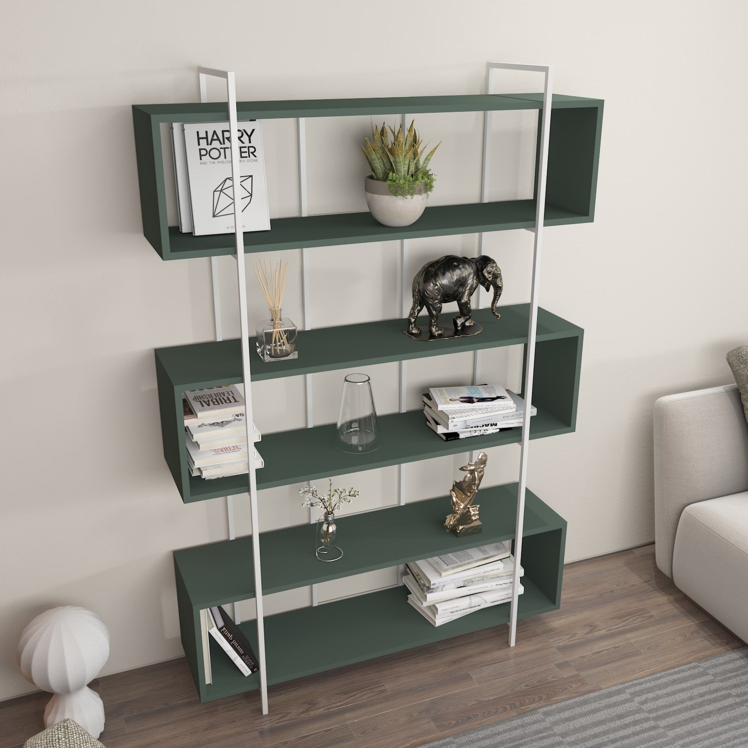 Estante elegante em verde e branco, 120 x 180 x 29,6 cm | Painel de partículas 100% revestido em melamina, 18 mm de espessura | Perfeita para decoração moderna de casa e escritório