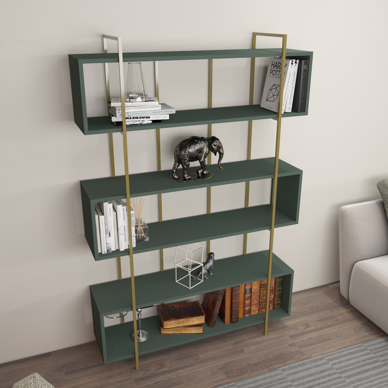 Estante elegante – 120 x 180 x 29,6 cm – verde e dourada – painel de partículas revestido a melamina