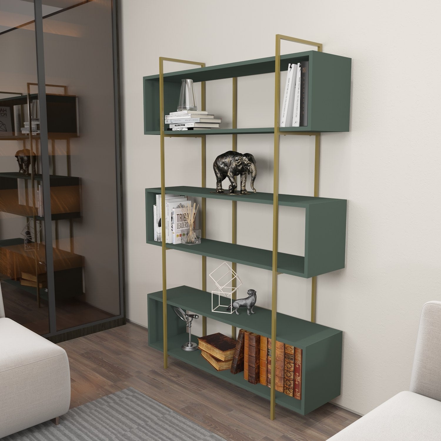 Estante elegante – 120 x 180 x 29,6 cm – verde e dourada – painel de partículas revestido a melamina