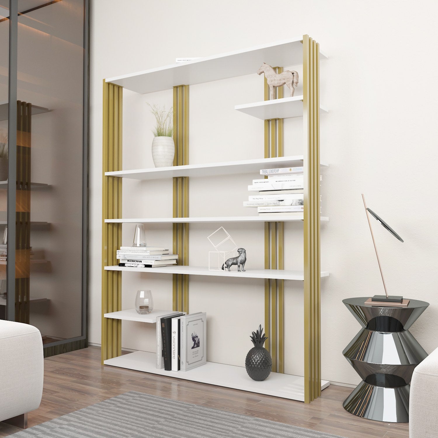 Estante elegante em branco e dourado, 120 x 160 x 29,6 cm | Painel de partículas 100% revestido em melamina, 18 mm de espessura | Armazenamento elegante para casa e escritório modernos