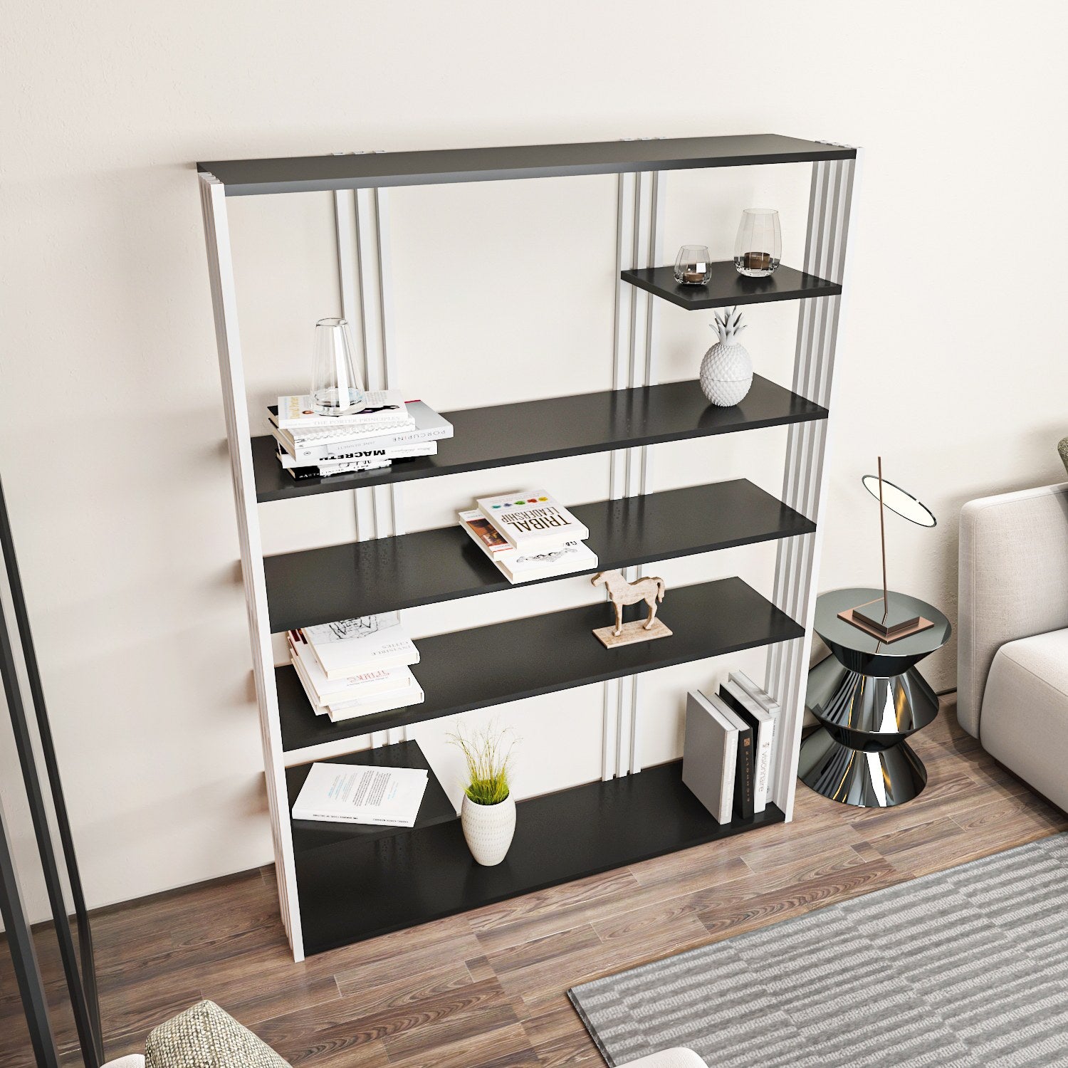 Estante elegante, antracite e branco, 120 x 160 x 29,6 cm | Painel de partículas 100% revestido de melamina, 18 mm de espessura | Perfeito para decoração moderna de casa e escritório