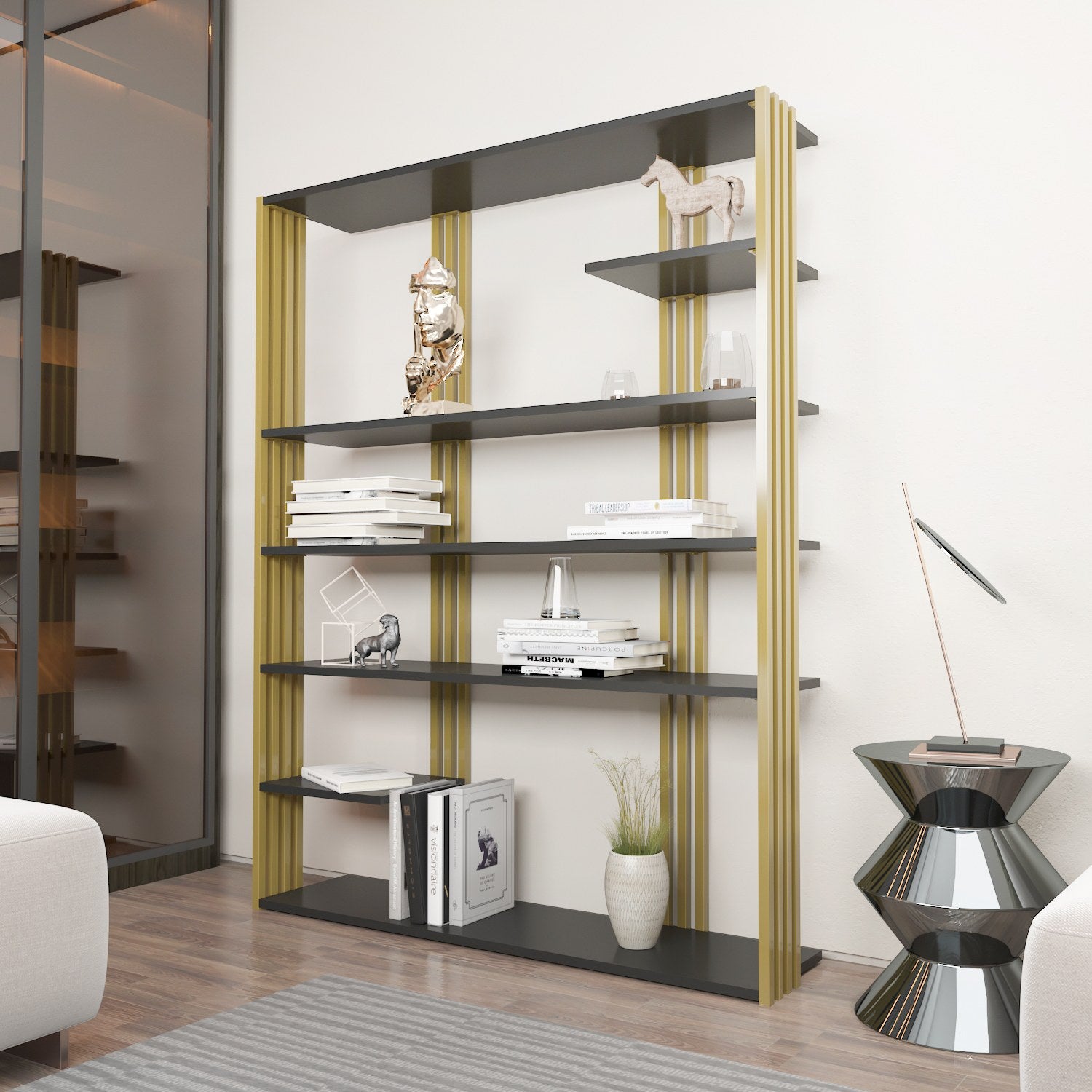 Estante elegante em antracite e dourado, 120 x 160 x 29,6 cm | Painel de partículas 100% revestido em melamina, 18 mm de espessura | Solução de armazenamento moderna para casa e escritório