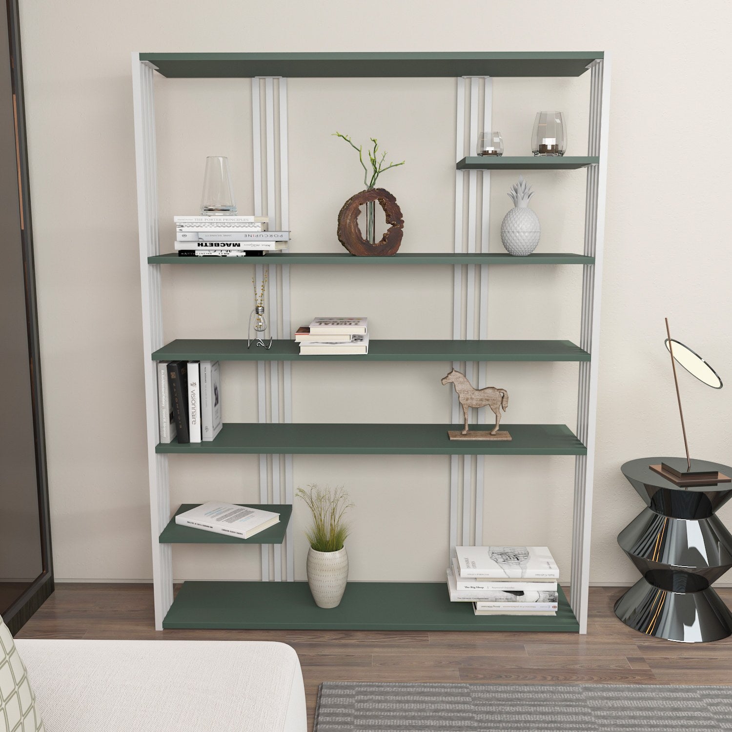 Estante elegante em verde e branco, 120 cm x 160 cm x 29,6 cm | Painel de partículas 100% revestido em melamina, 18 mm de espessura | Perfeita para decoração moderna de casa e escritório