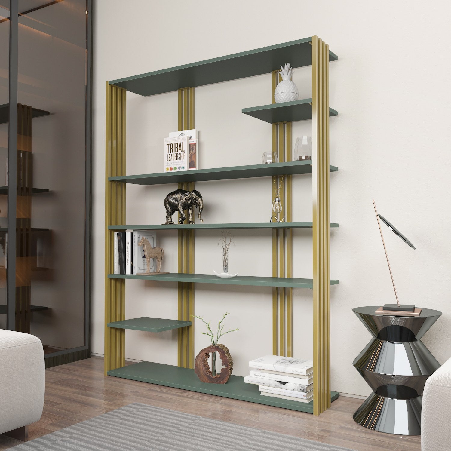 Estante elegante verde e dourada, 120 x 160 x 29,6 cm | Painel de partículas 100% revestido de melamina, 18 mm de espessura | Armazenamento elegante para casa e escritório modernos
