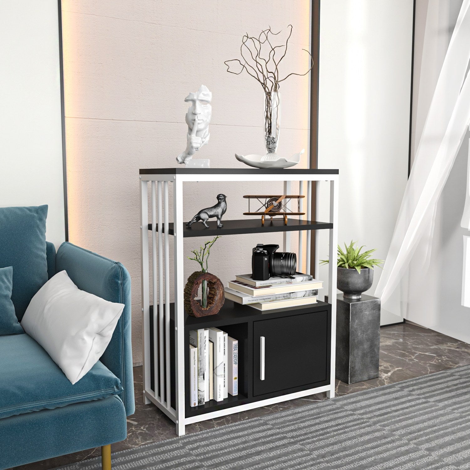 Estante elegante em antracite e branco, 60 cm x 80 cm x 29,6 cm | Painel de partículas 100% revestido em melamina, 18 mm de espessura | Perfeita para decoração moderna de casa e escritório