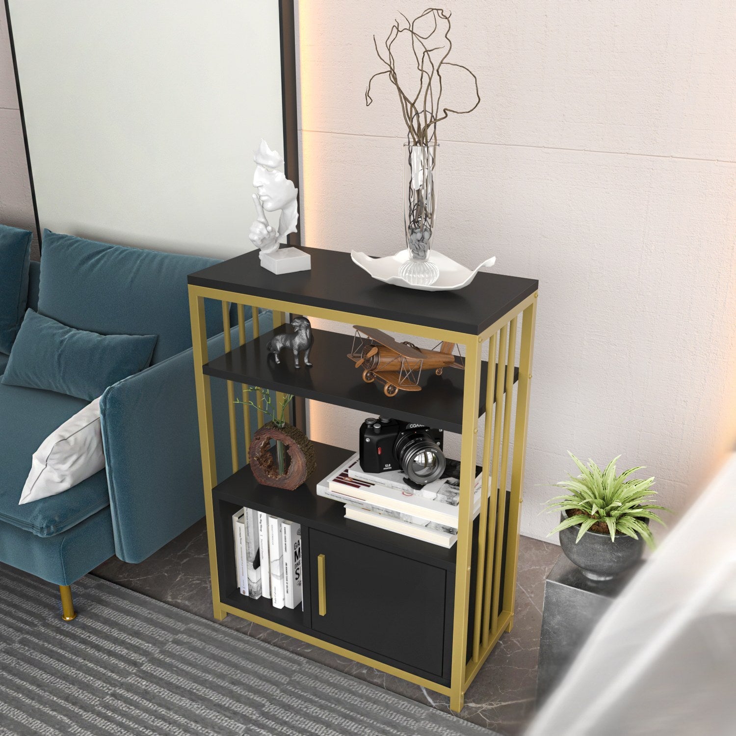 Estante elegante em antracite e dourado, 60 x 80 x 29,6 cm | Painel de partículas 100% revestido em melamina, 18 mm de espessura | Perfeita para decoração e armazenamento de casa moderna