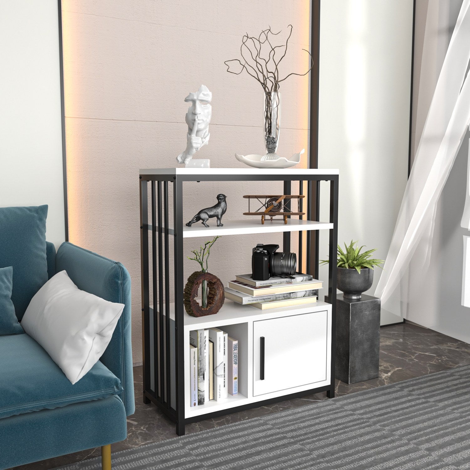 Estante elegante, branca e preta, 60 x 80 x 29,6 cm | Painel de partículas 100% revestido em melamina, 18 mm de espessura | Perfeita para decoração moderna de casa e escritório
