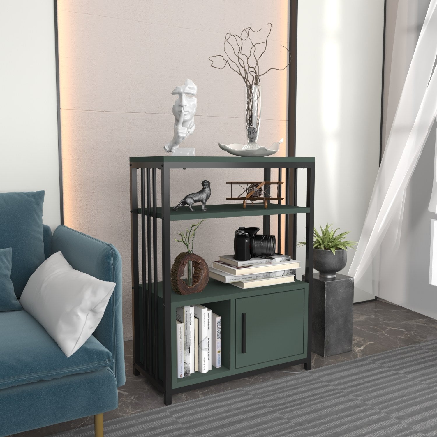 Estante elegante em verde e preto, 60 x 80 x 29,6 cm | Painel de partículas 100% revestido em melamina, 18 mm de espessura | Perfeita para decoração moderna de casa e escritório