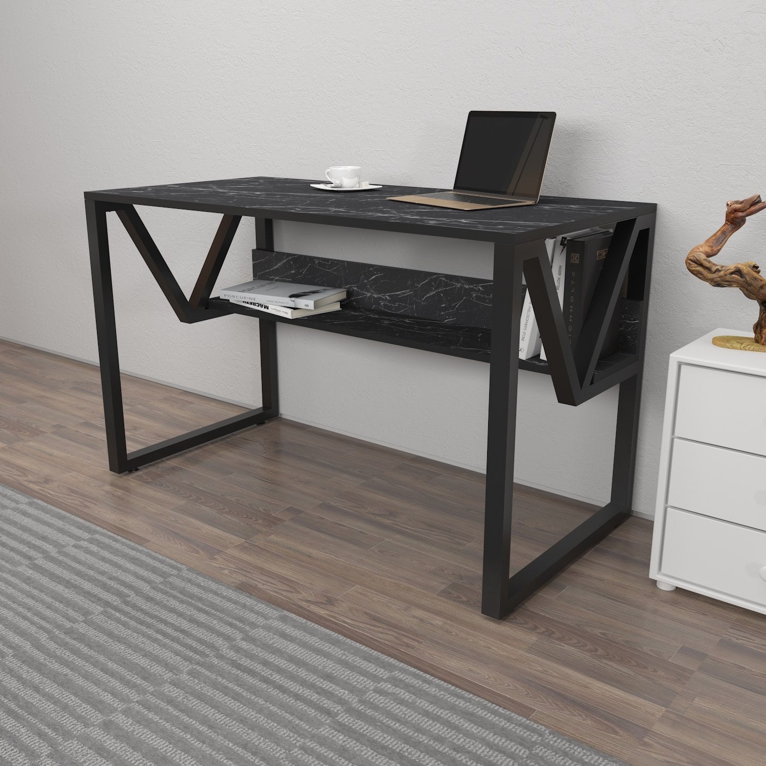 Secretária de Estudo/Escritório Preta Elegante, 120 x 60 x 72,8 cm | Painel de Partículas 100% Revestido em Melamina, 18 mm de Espessura | Perfeita para Escritórios em Casa e Espaços de Estudo
