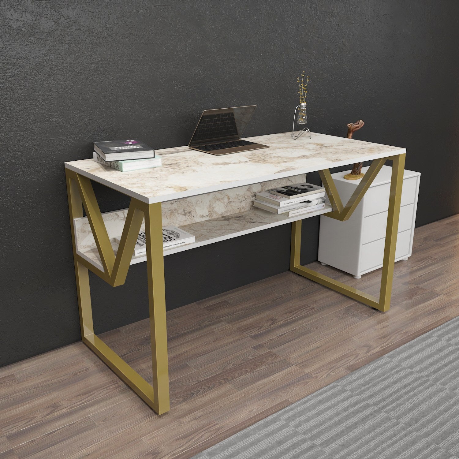 Secretária de Estudo/Escritório Elegante, Branca e Dourada, 120 x 60 x 72,8 cm | Painel de Partículas 100% Revestido em Melamina, 18 mm de Espessura | Perfeita para Escritórios e Salas de Estudo Modernos