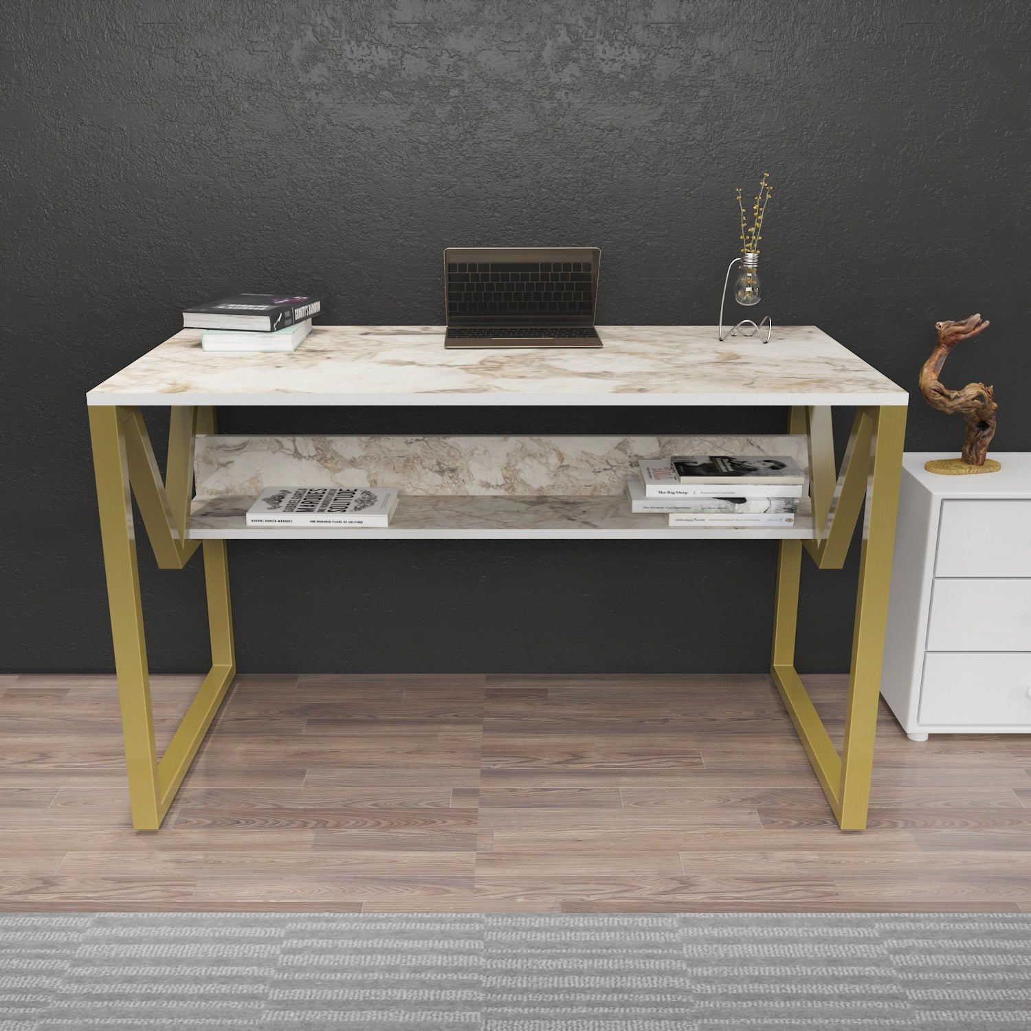 Secretária de Estudo/Escritório Elegante, Branca e Dourada, 120 x 60 x 72,8 cm | Painel de Partículas 100% Revestido em Melamina, 18 mm de Espessura | Perfeita para Escritórios e Salas de Estudo Modernos