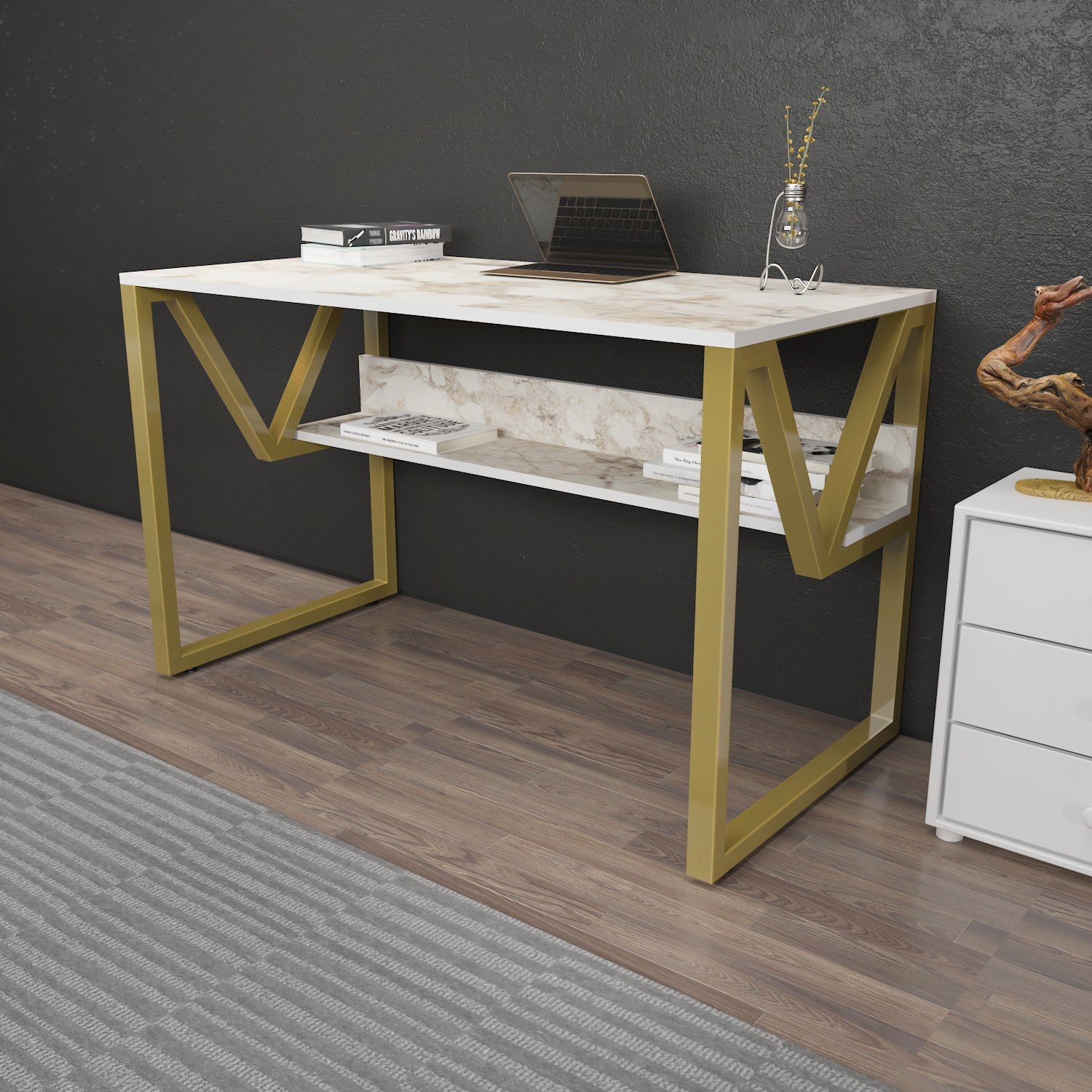Secretária de Estudo/Escritório Elegante, Branca e Dourada, 120 x 60 x 72,8 cm | Painel de Partículas 100% Revestido em Melamina, 18 mm de Espessura | Perfeita para Escritórios e Salas de Estudo Modernos