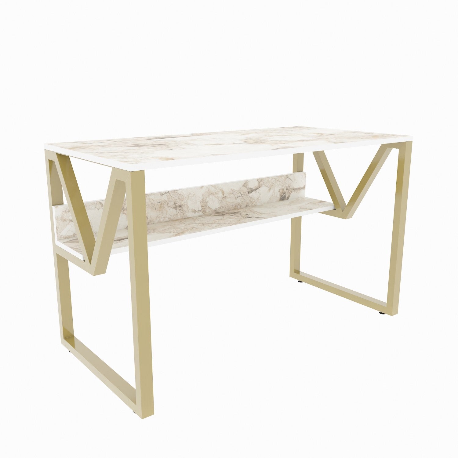 Secretária de Estudo/Escritório Elegante, Branca e Dourada, 120 x 60 x 72,8 cm | Painel de Partículas 100% Revestido em Melamina, 18 mm de Espessura | Perfeita para Escritórios e Salas de Estudo Modernos