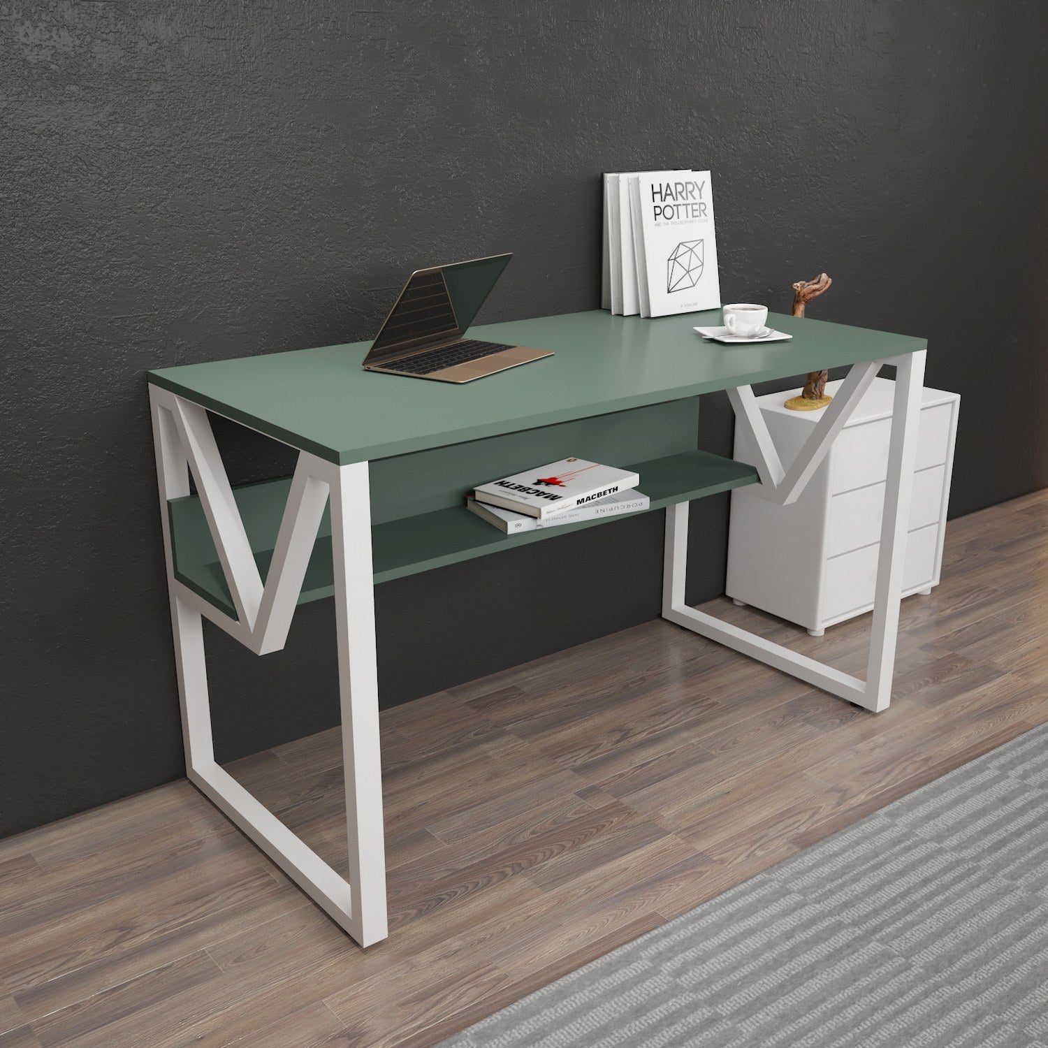 Secretária de Estudo/Escritório Elegante, Verde e Branca, 120 x 72,8 x 60 cm | Painel de Partículas 100% Revestido em Melamina, 18 mm de Espessura | Perfeita para Escritórios e Salas de Estudo Modernos