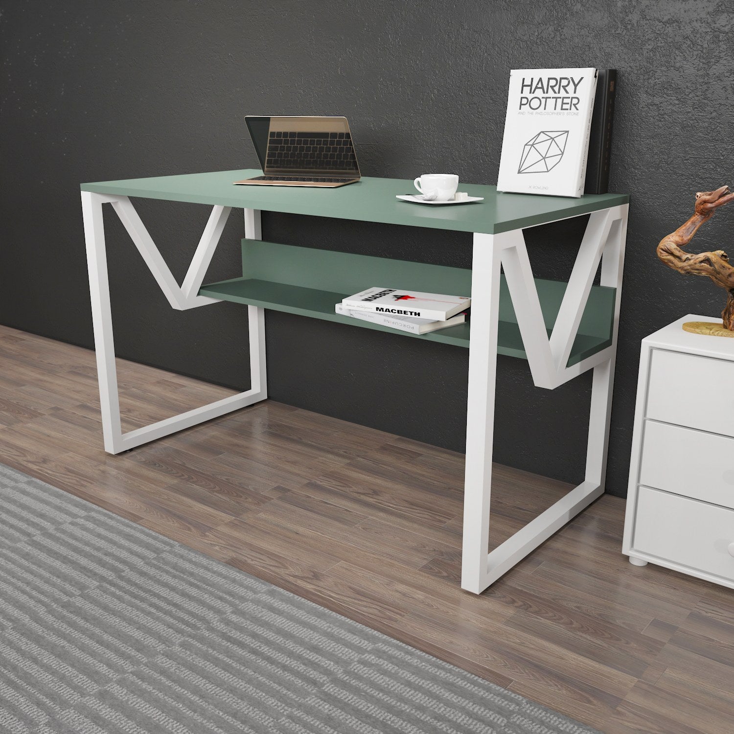 Secretária de Estudo/Escritório Elegante, Verde e Branca, 120 x 72,8 x 60 cm | Painel de Partículas 100% Revestido em Melamina, 18 mm de Espessura | Perfeita para Escritórios e Salas de Estudo Modernos