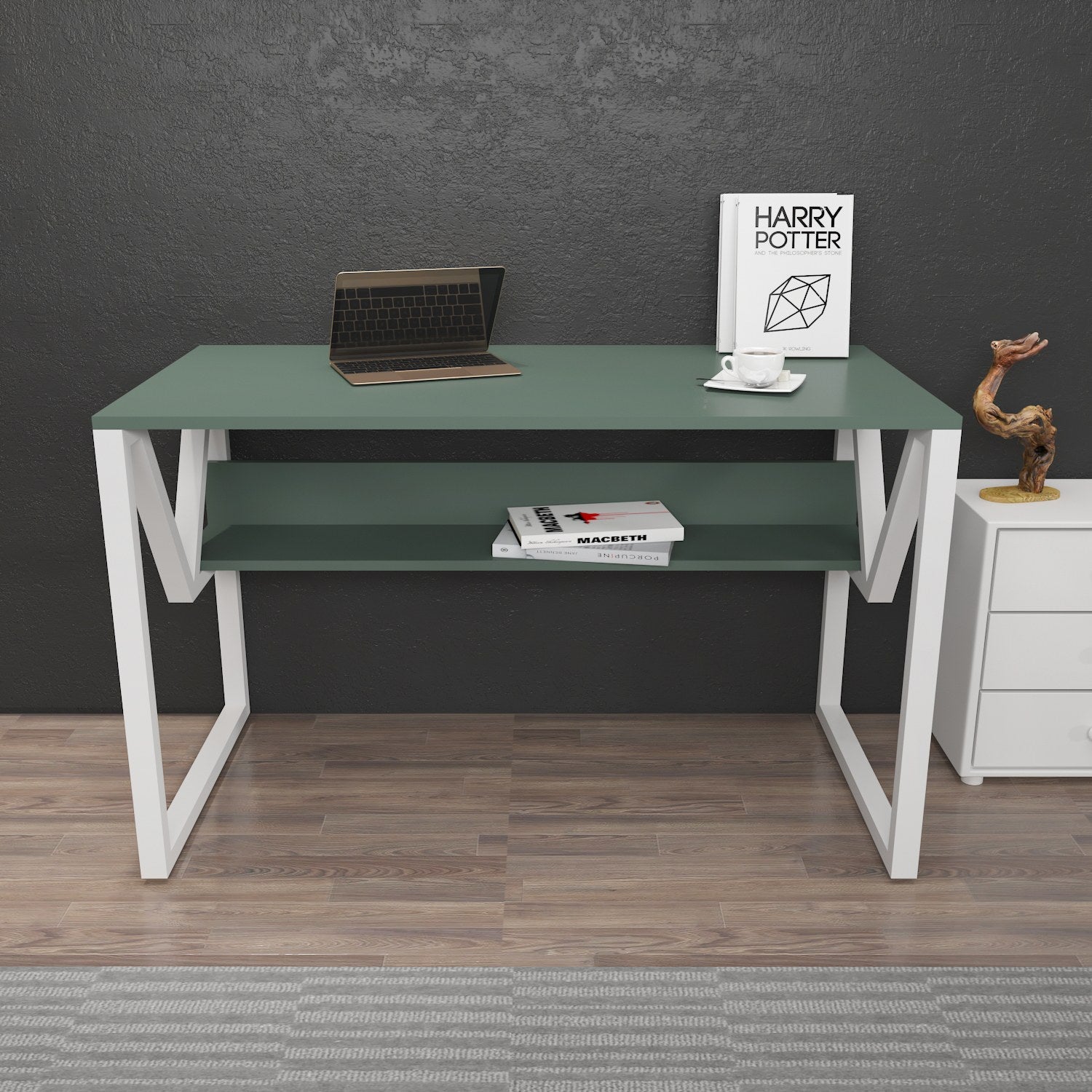 Secretária de Estudo/Escritório Elegante, Verde e Branca, 120 x 72,8 x 60 cm | Painel de Partículas 100% Revestido em Melamina, 18 mm de Espessura | Perfeita para Escritórios e Salas de Estudo Modernos