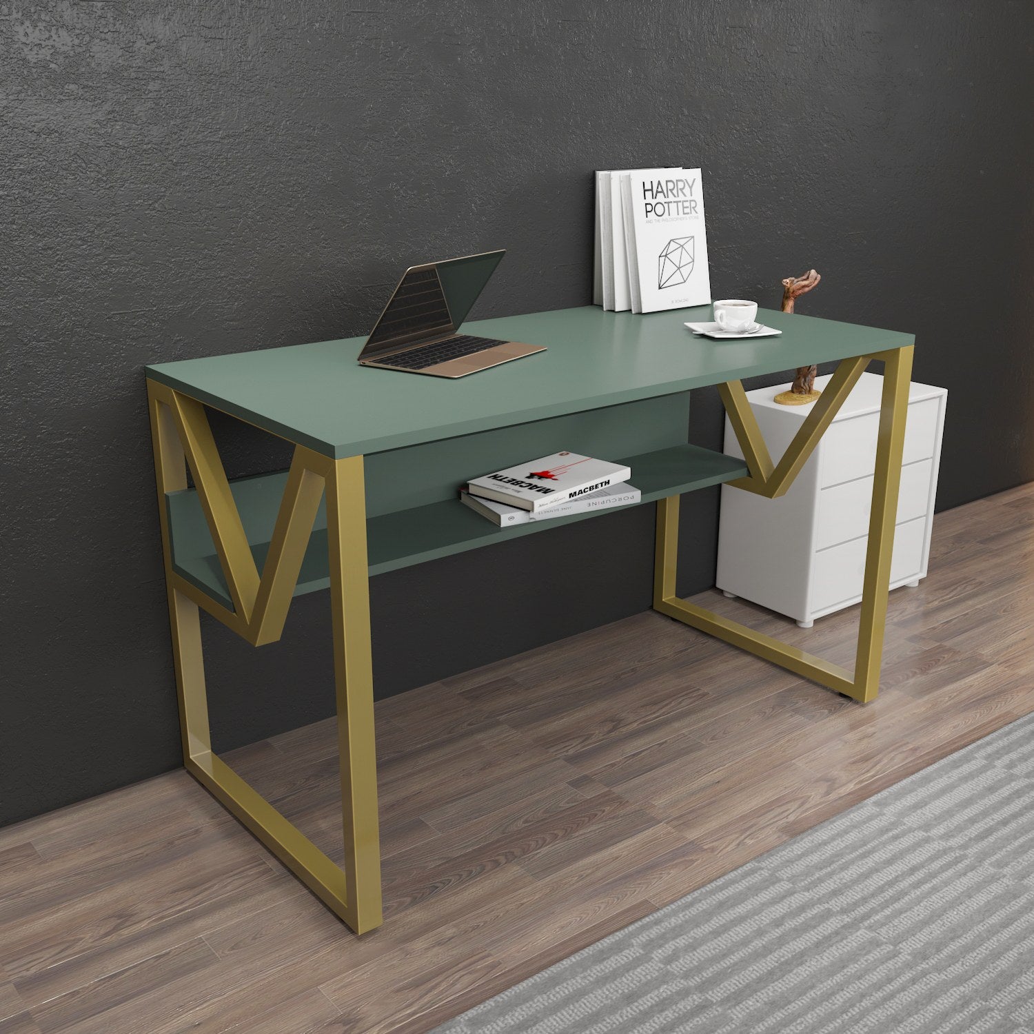 Secretária de Estudo/Escritório Elegante, Verde e Dourado, 120 x 60 x 72,8 cm | Painel de Partículas 100% Revestido em Melamina, 18 mm de Espessura | Perfeita para Escritórios e Salas de Estudo Modernos