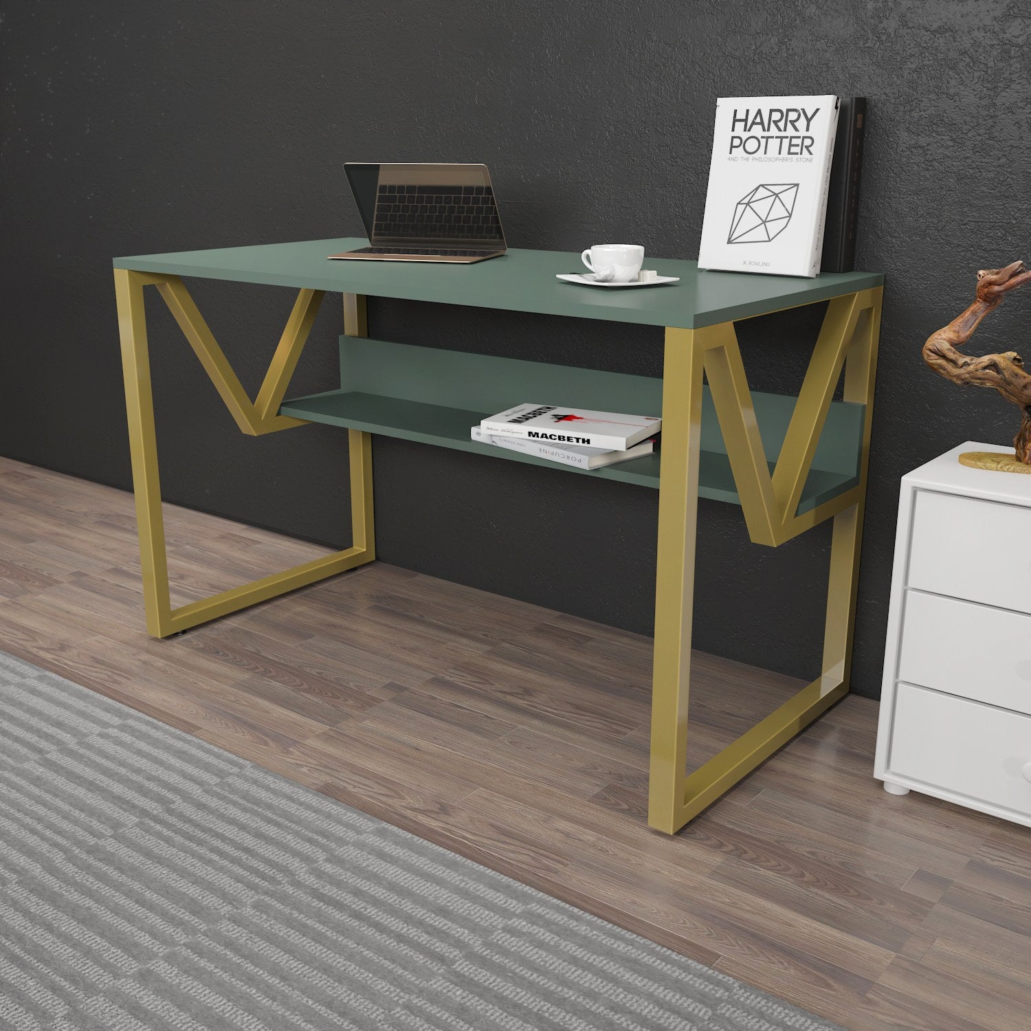 Secretária de Estudo/Escritório Elegante, Verde e Dourado, 120 x 60 x 72,8 cm | Painel de Partículas 100% Revestido em Melamina, 18 mm de Espessura | Perfeita para Escritórios e Salas de Estudo Modernos