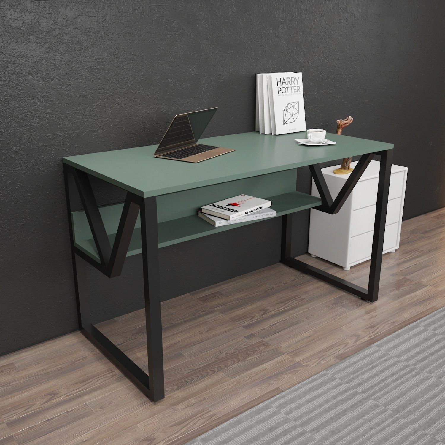 Secretária de Estudo/Escritório Elegante, Verde e Preta, 120 x 60 x 72,8 cm | Painel de Partículas 100% Revestido em Melamina, 18 mm de Espessura | Perfeita para Escritórios e Salas de Estudo Modernos