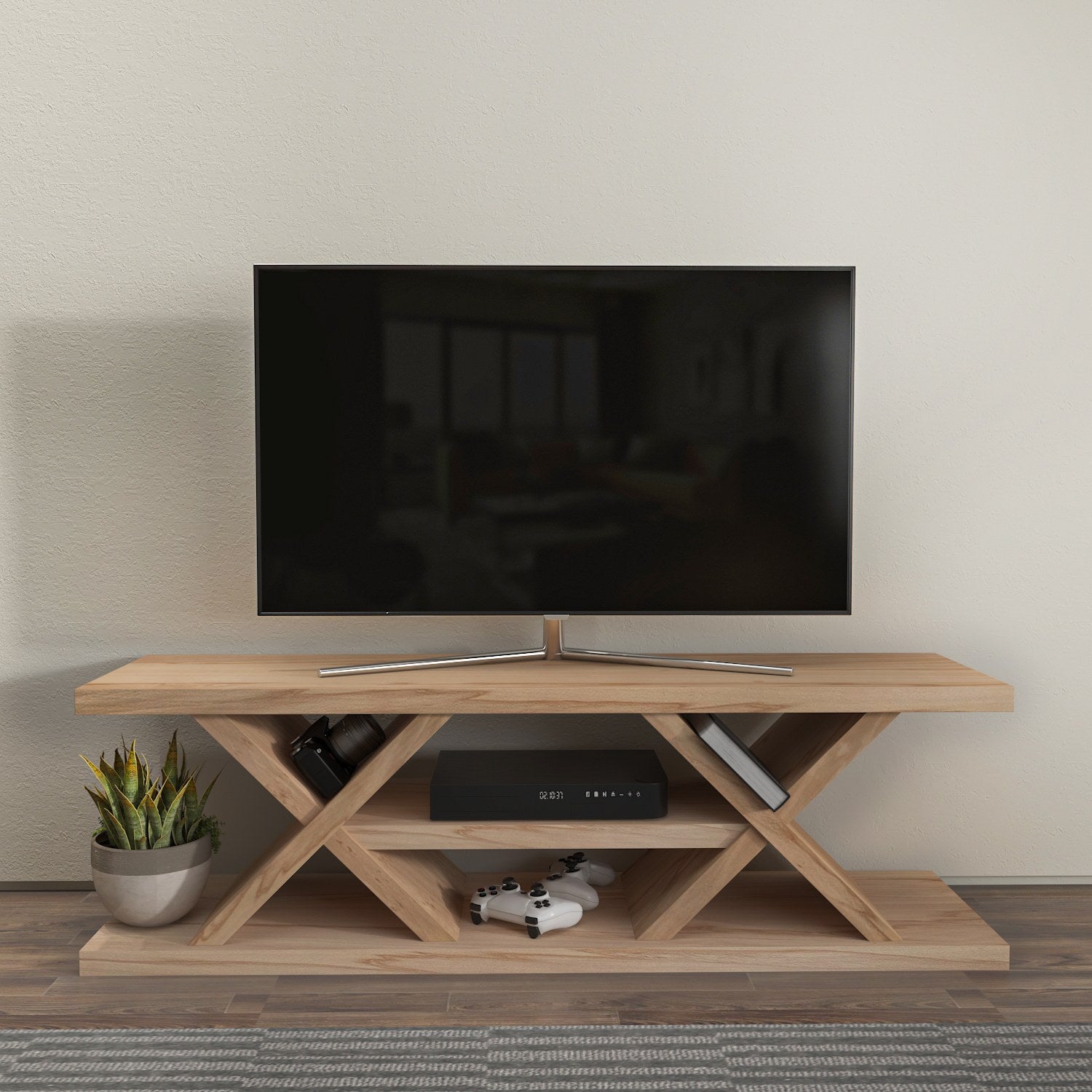 Suporte de TV elegante em carvalho, 136 cm de largura, 42 cm de altura, 37 cm de profundidade | Painel de partículas 100% revestido em melamina, 18 mm de espessura | Perfeito para salas de estar modernas