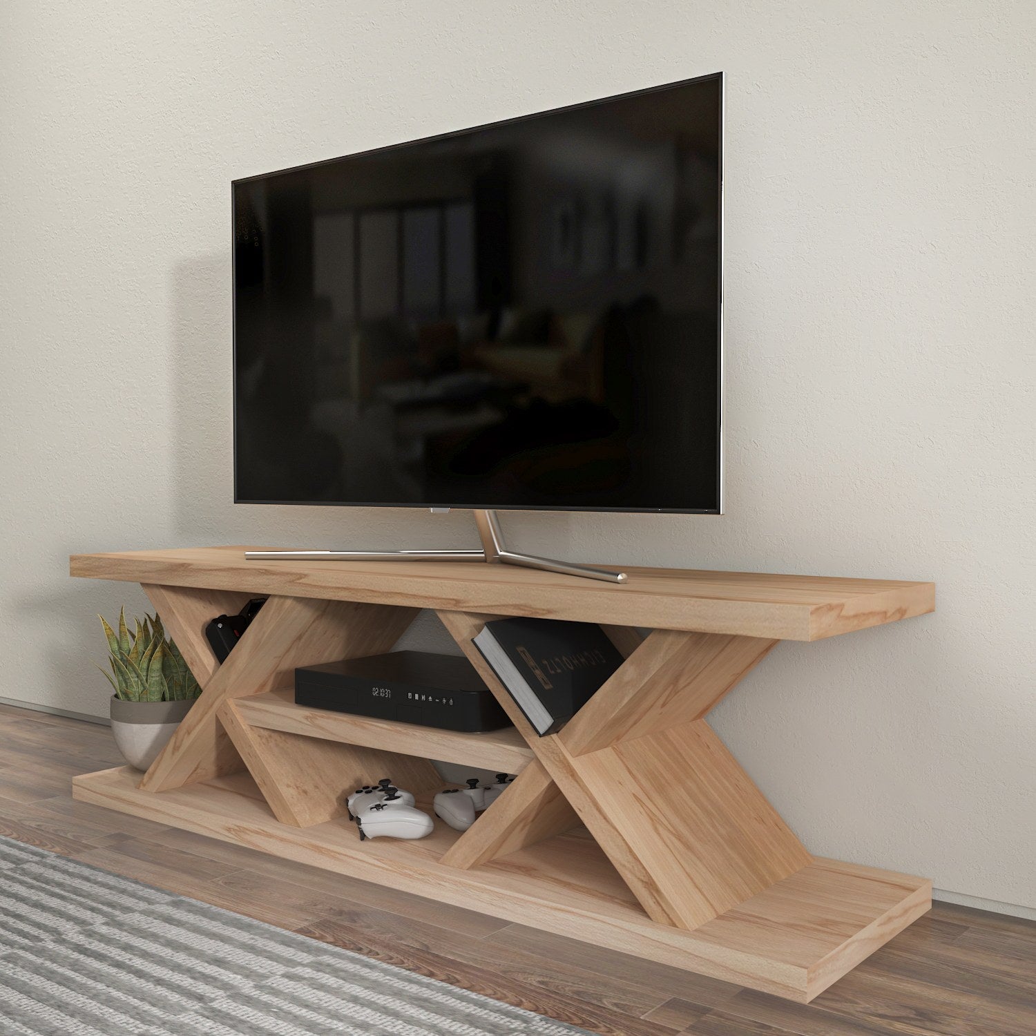 Suporte de TV elegante em carvalho, 136 cm de largura, 42 cm de altura, 37 cm de profundidade | Painel de partículas 100% revestido em melamina, 18 mm de espessura | Perfeito para salas de estar modernas
