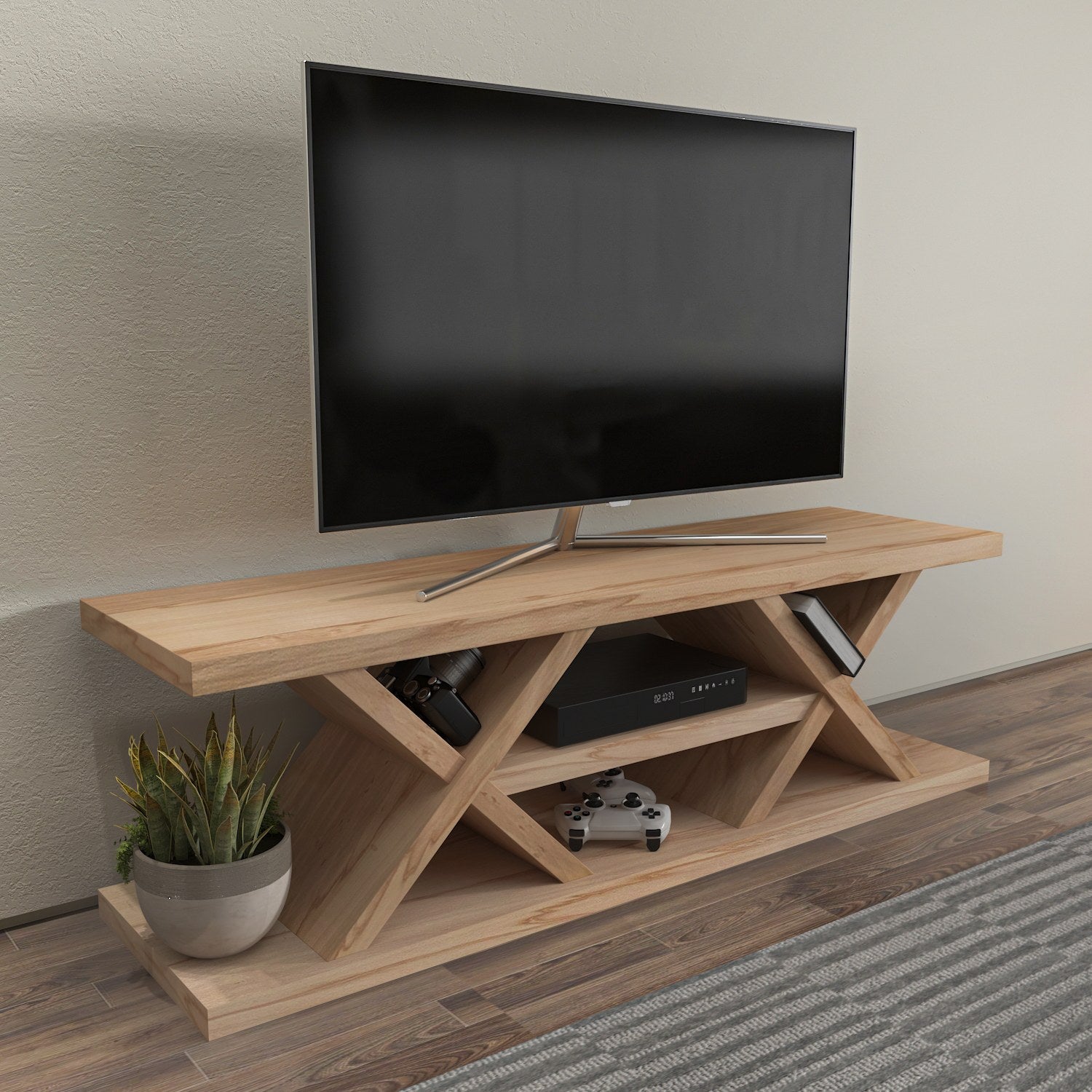 Suporte de TV elegante em carvalho, 136 cm de largura, 42 cm de altura, 37 cm de profundidade | Painel de partículas 100% revestido em melamina, 18 mm de espessura | Perfeito para salas de estar modernas