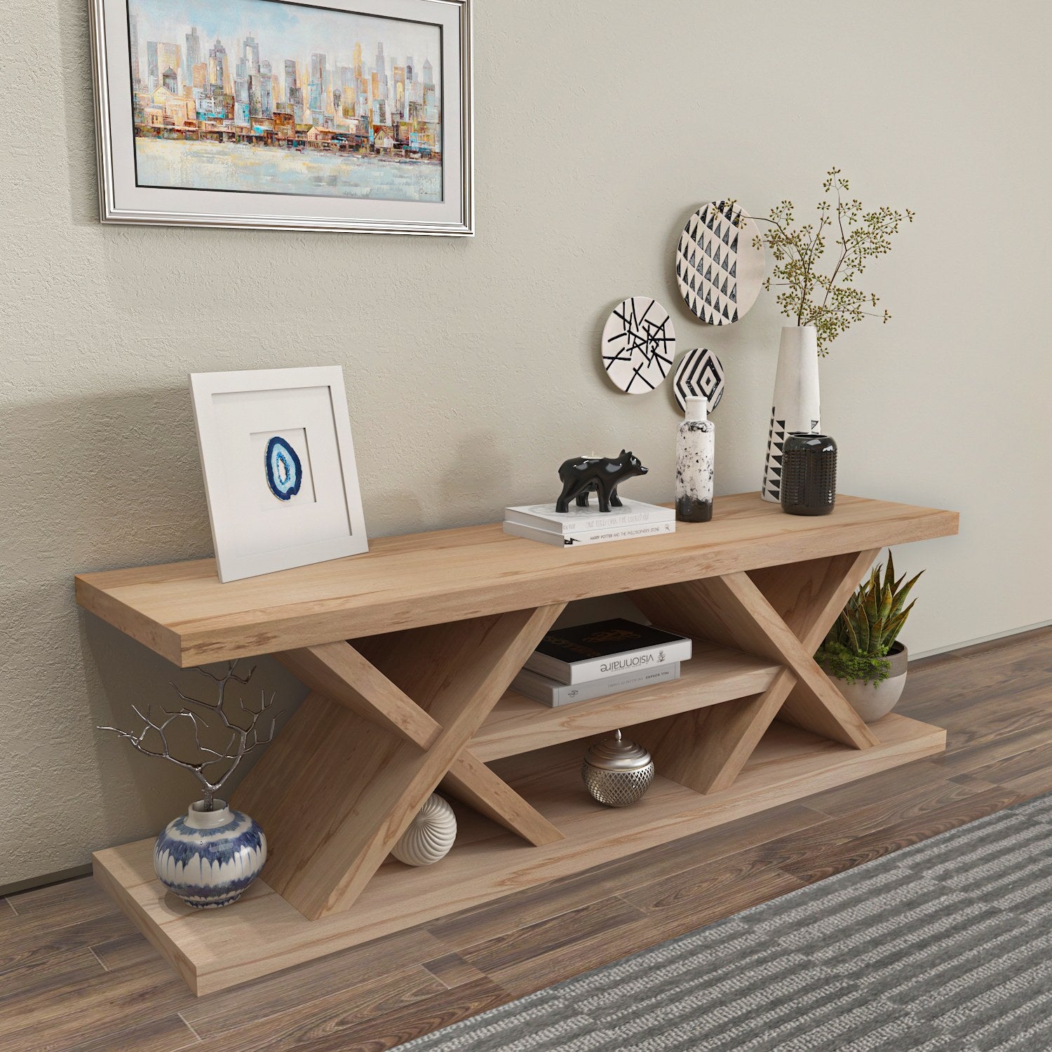 Suporte de TV elegante em carvalho, 136 cm de largura, 42 cm de altura, 37 cm de profundidade | Painel de partículas 100% revestido em melamina, 18 mm de espessura | Perfeito para salas de estar modernas