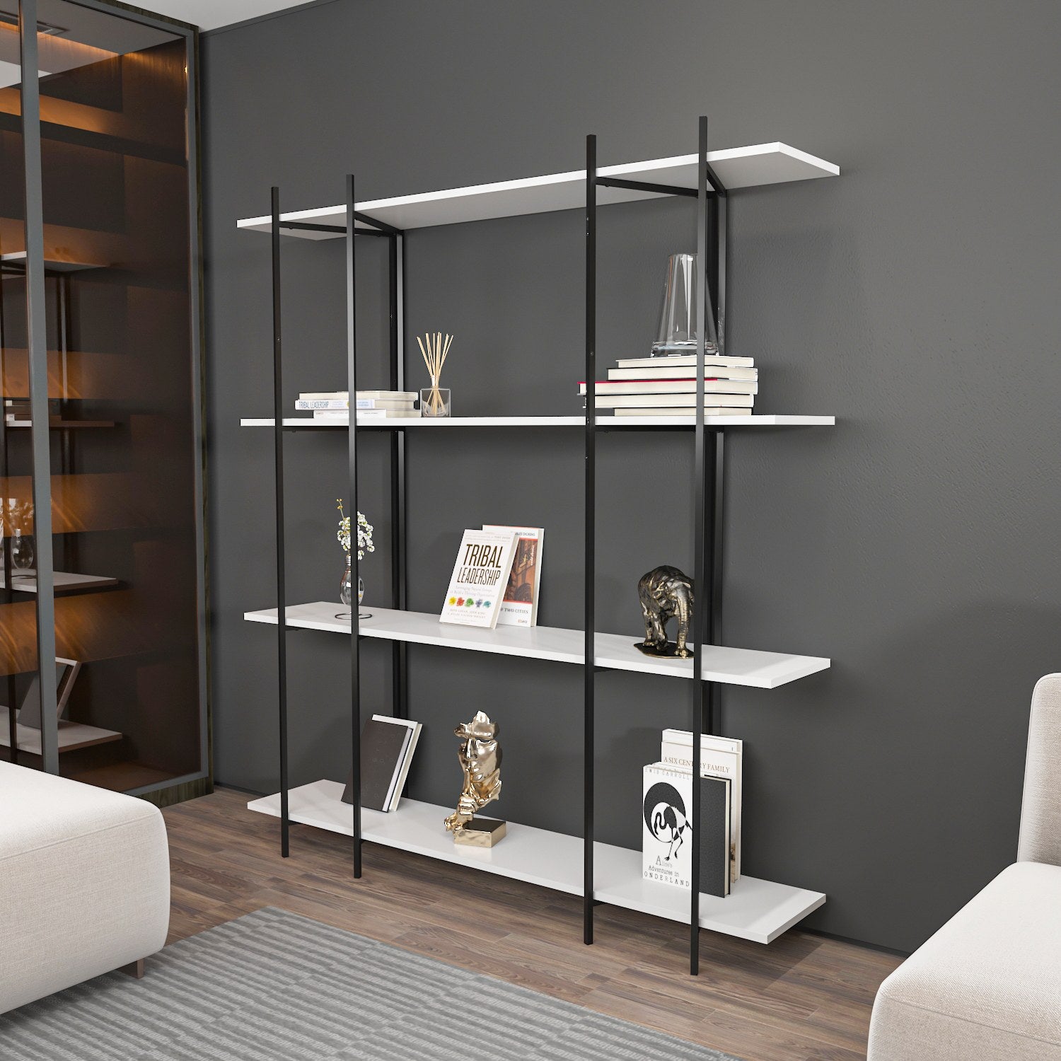 Estante estilosa, 160 cm x 180 cm x 29,6 cm, branca e preta | Painel de partículas 100% revestido de melamina, 18 mm de espessura | Perfeita para decoração moderna de casa e escritório