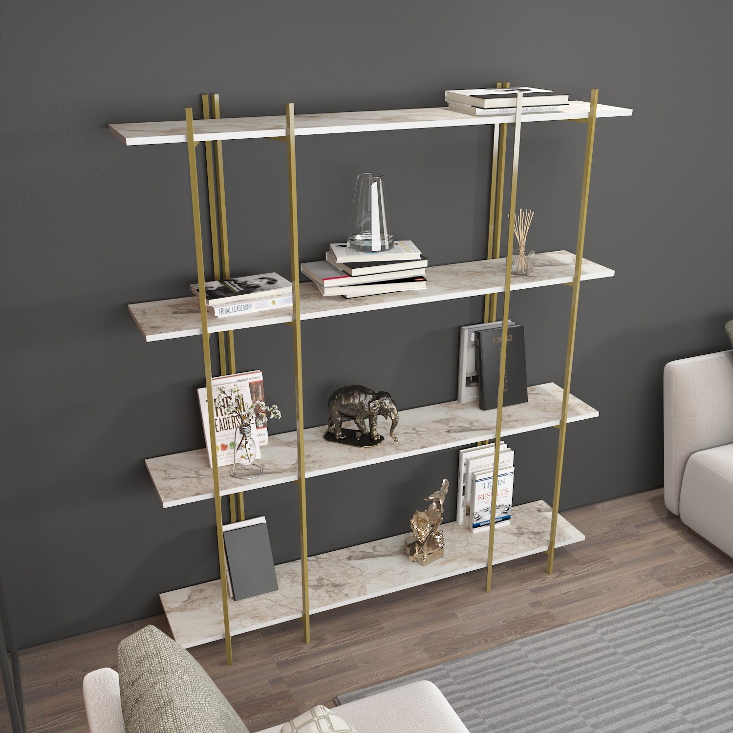Estante elegante – 160 cm x 180 cm x 29,6 cm – Branco e Dourado – Painéis de partículas revestidos em melamina